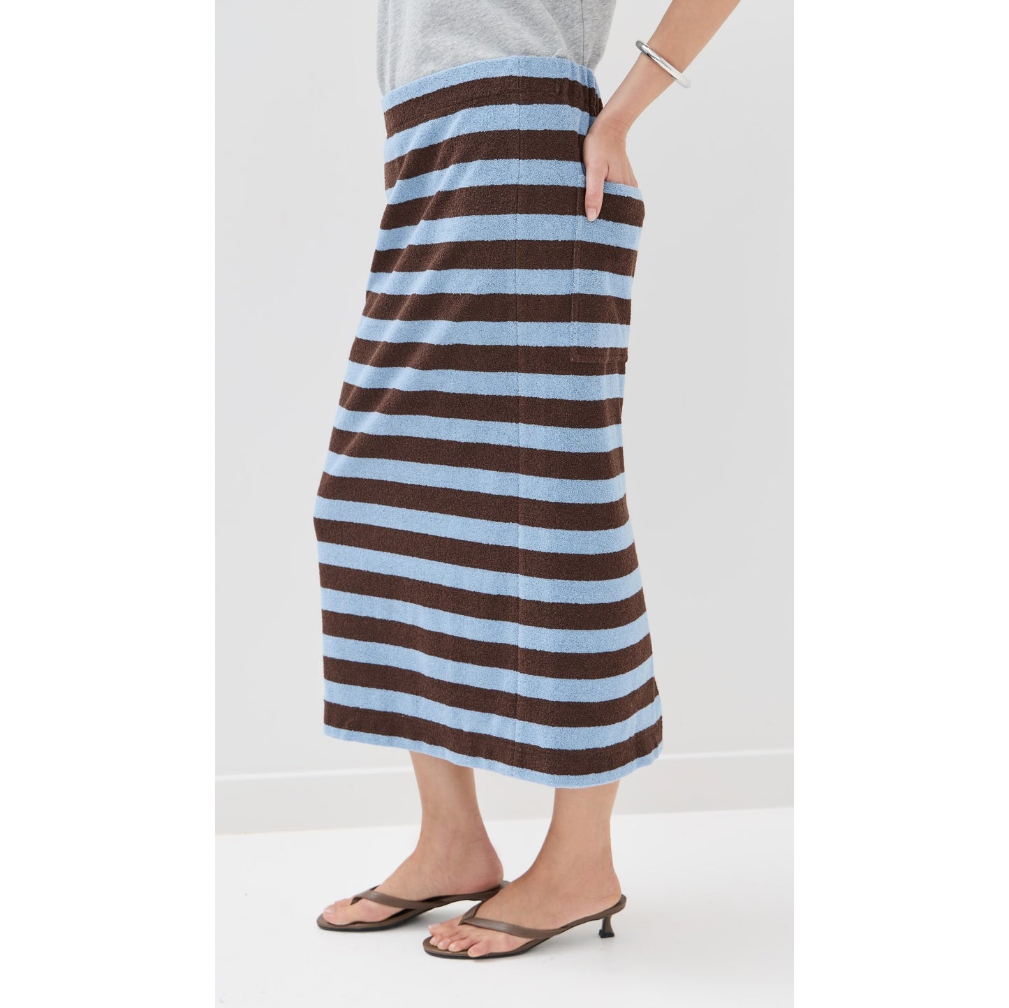 Tibi Bonded Dry Loop Terry Skirt in Blue/Brown Stripe, Size Medium