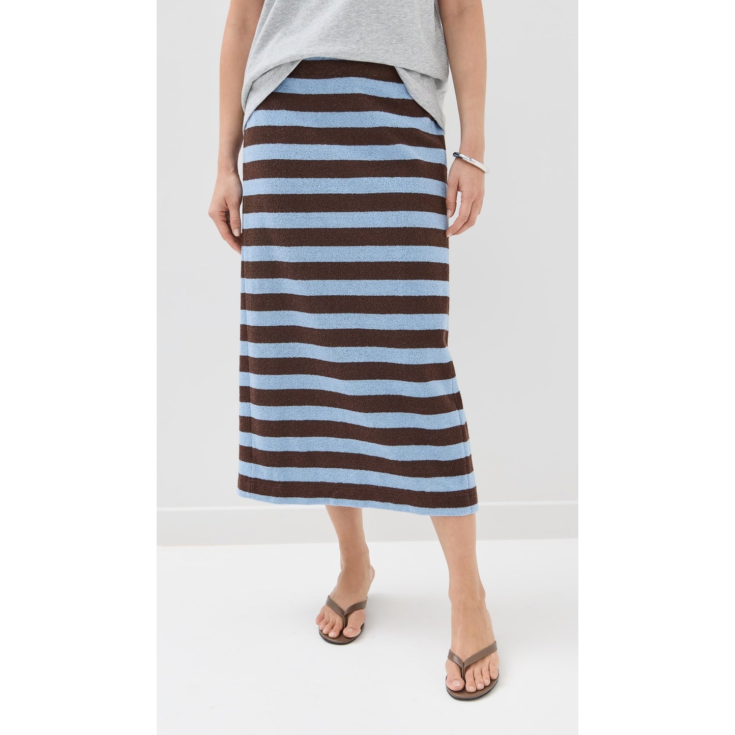Tibi Bonded Dry Loop Terry Skirt in Blue/Brown Stripe, Size Medium