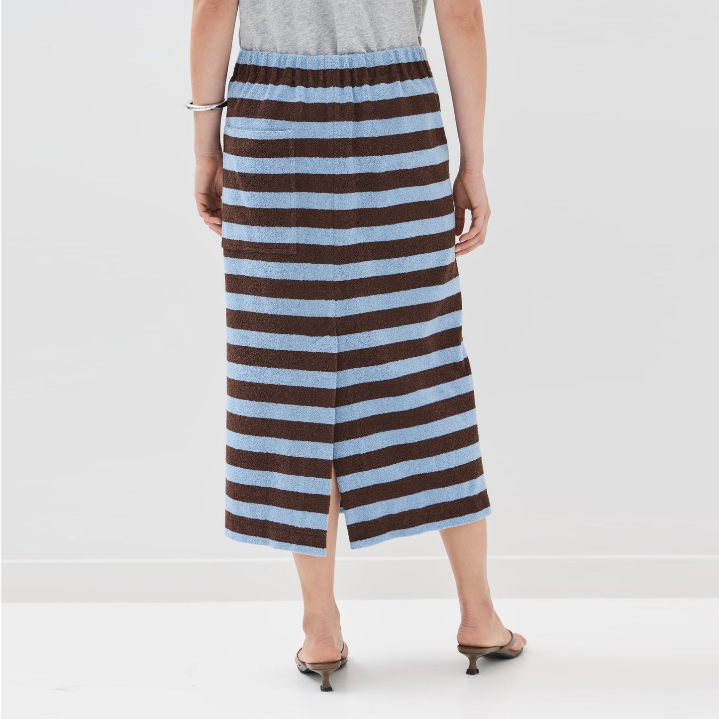 Tibi Bonded Dry Loop Terry Skirt in Blue/Brown Stripe, Size Medium