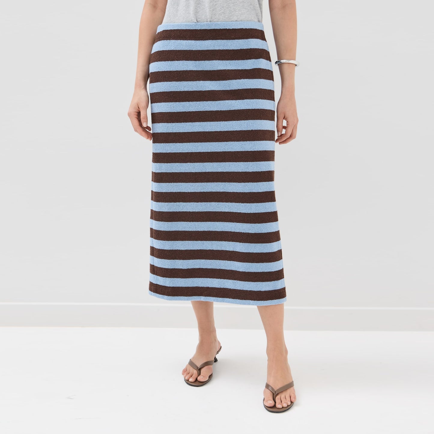 Tibi Bonded Dry Loop Terry Skirt in Blue/Brown Stripe, Size Medium