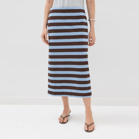 Tibi Bonded Dry Loop Terry Skirt in Blue/Brown Stripe, Size Medium