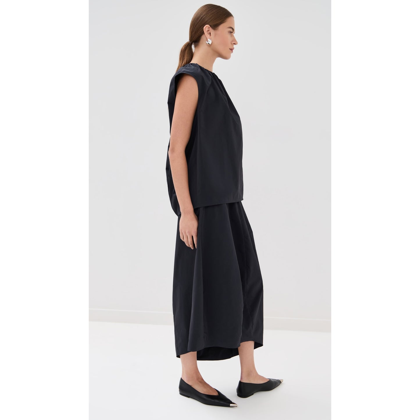 Tibi Nylon Shirred Neck Top in Black, size Medium