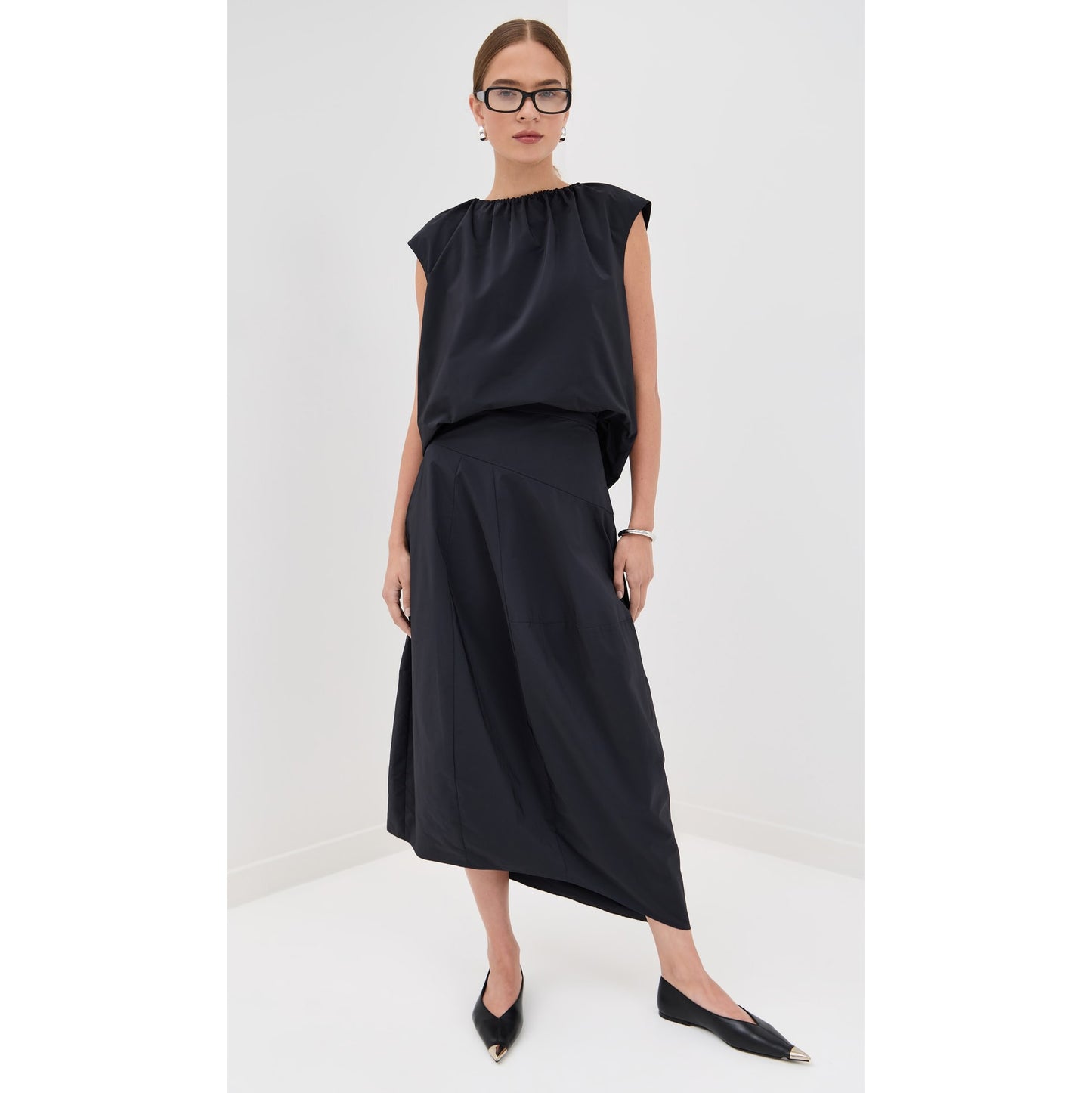 Tibi Nylon Shirred Neck Top in Black, size Medium