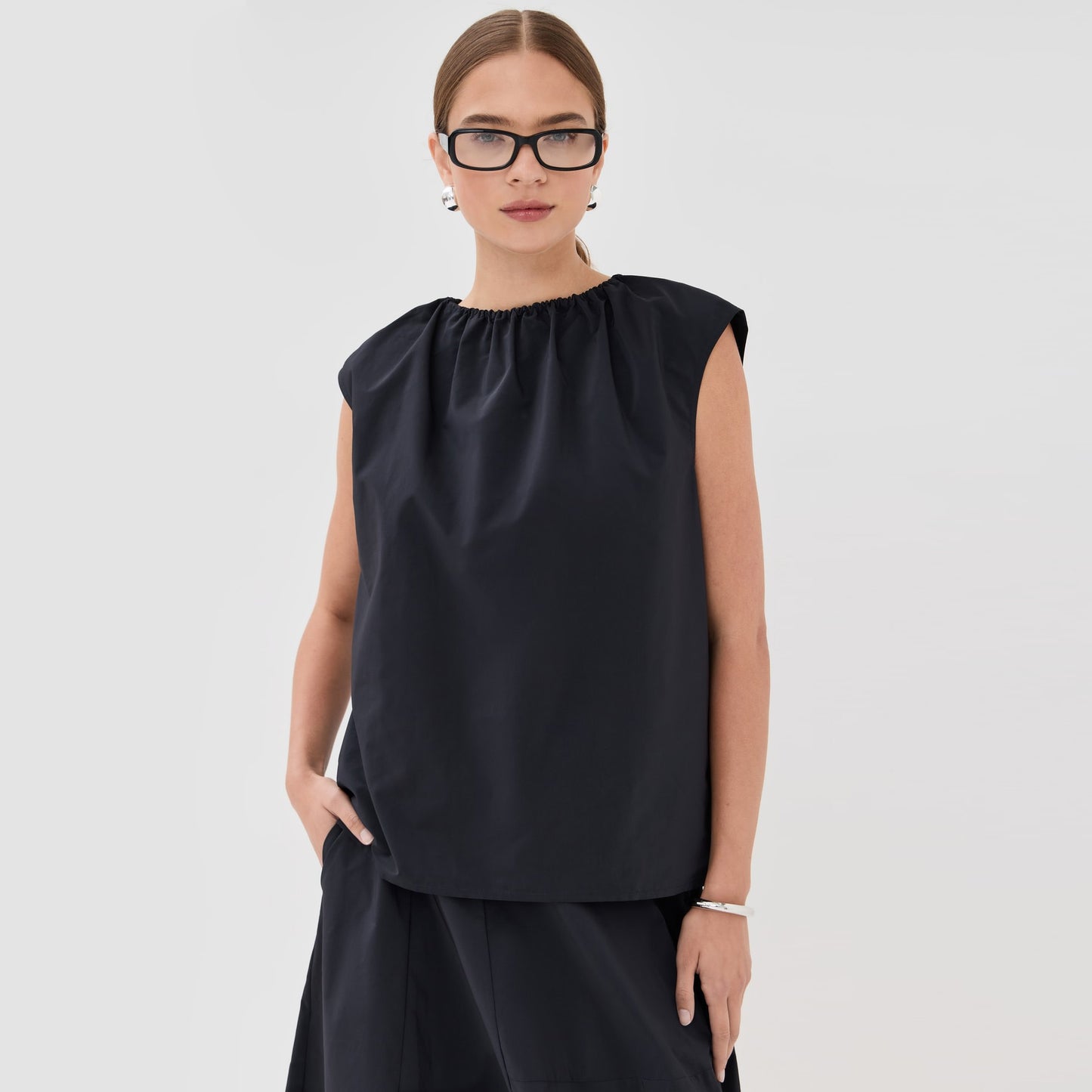 Tibi Nylon Shirred Neck Top in Black, size Medium