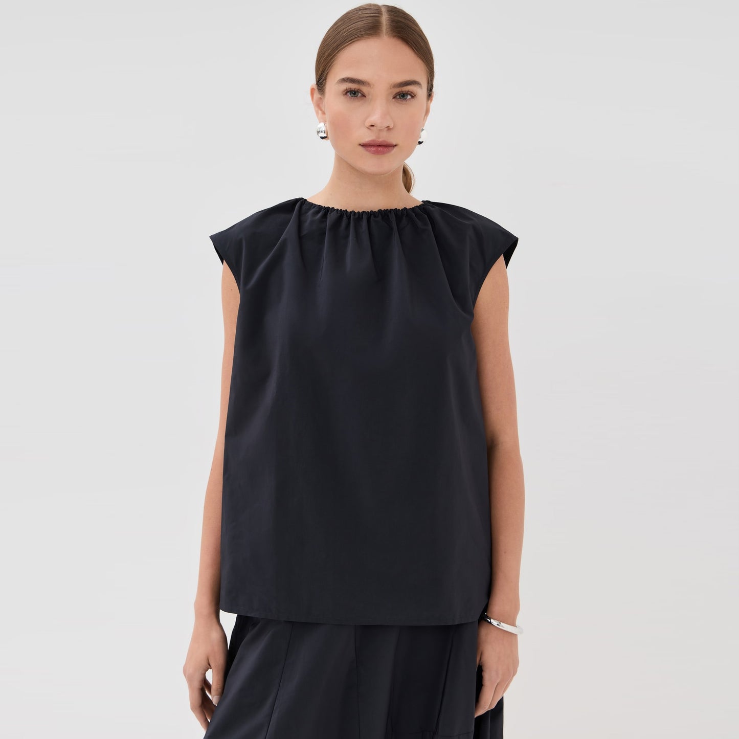 Tibi Nylon Shirred Neck Top in Black, size Medium