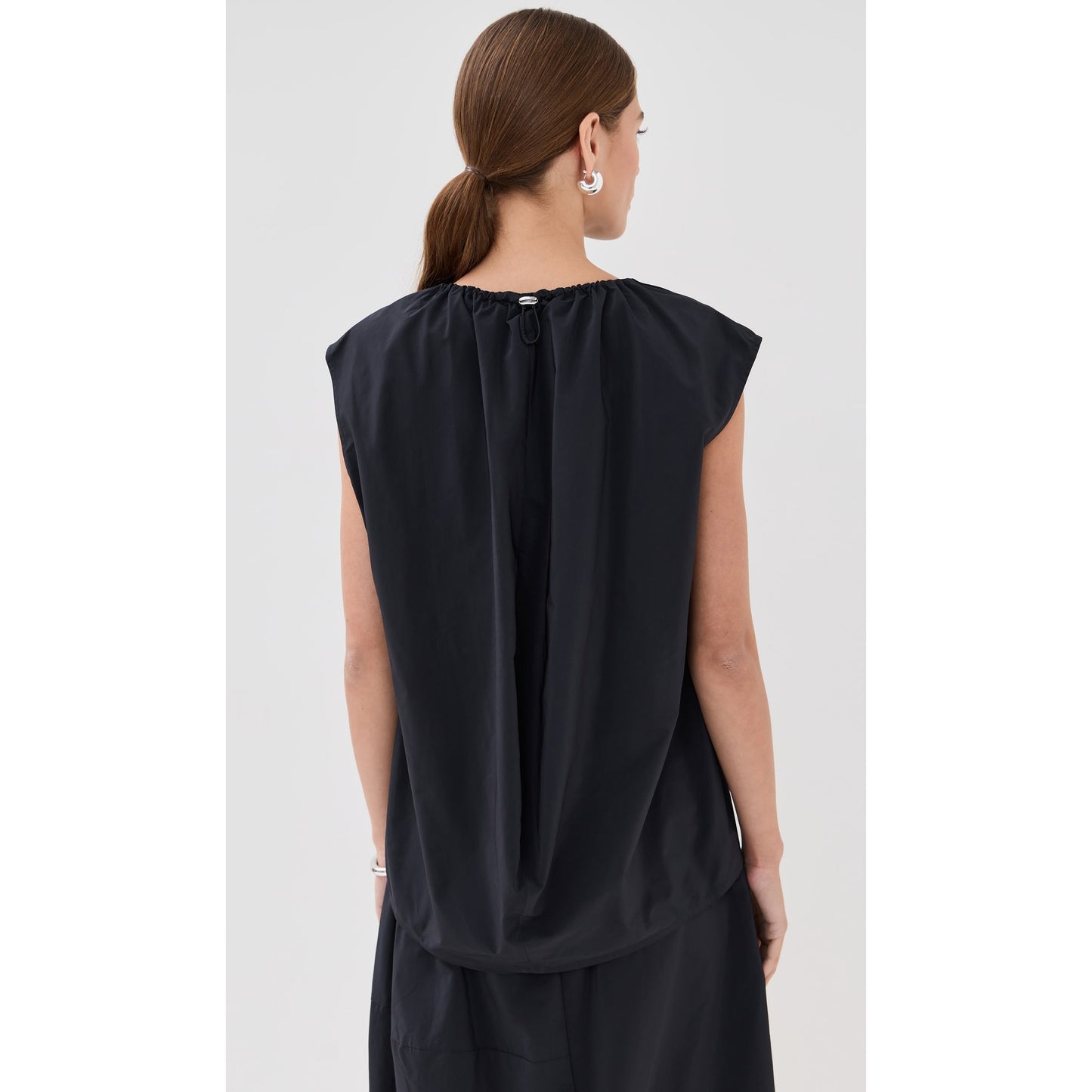 Tibi Nylon Shirred Neck Top in Black, size Medium