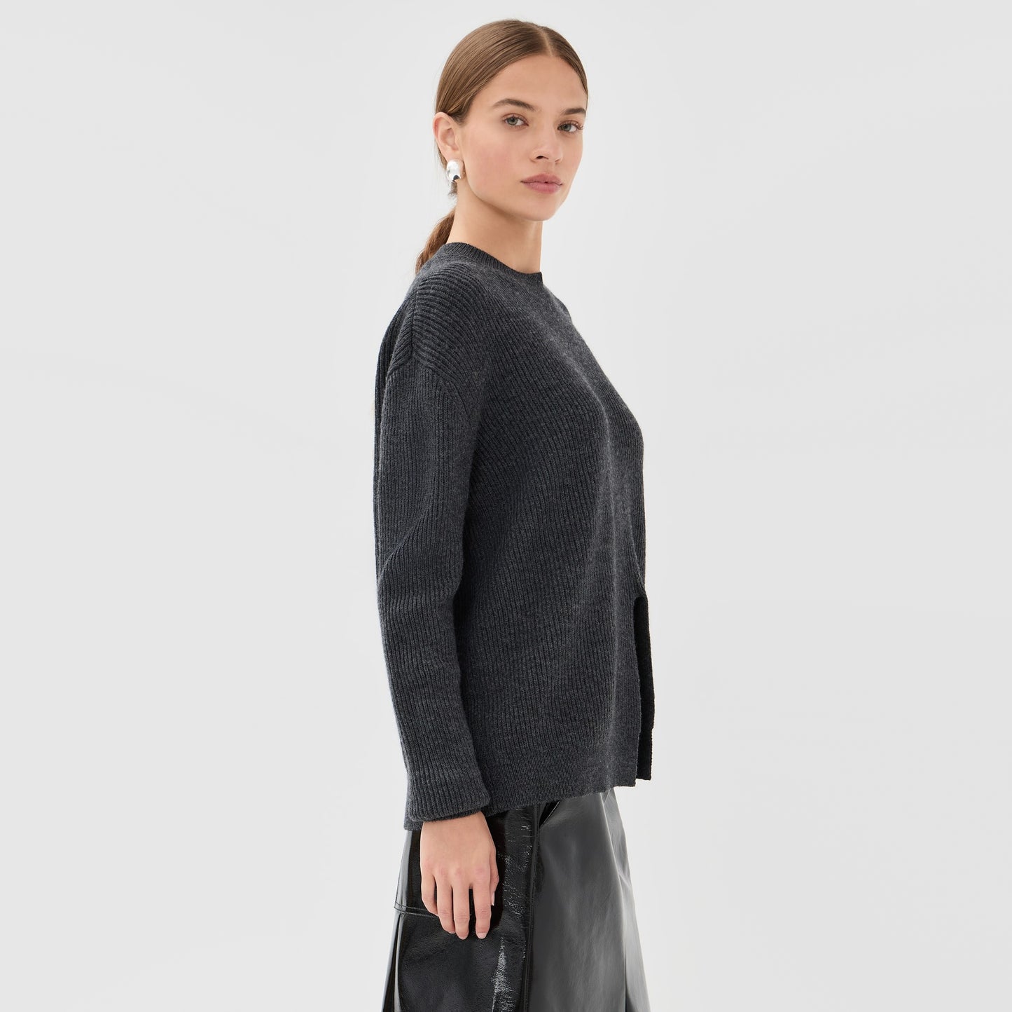 Tibi "cardigan stitch split front crewneck easy pullover" in Charcoal Grey, size Small