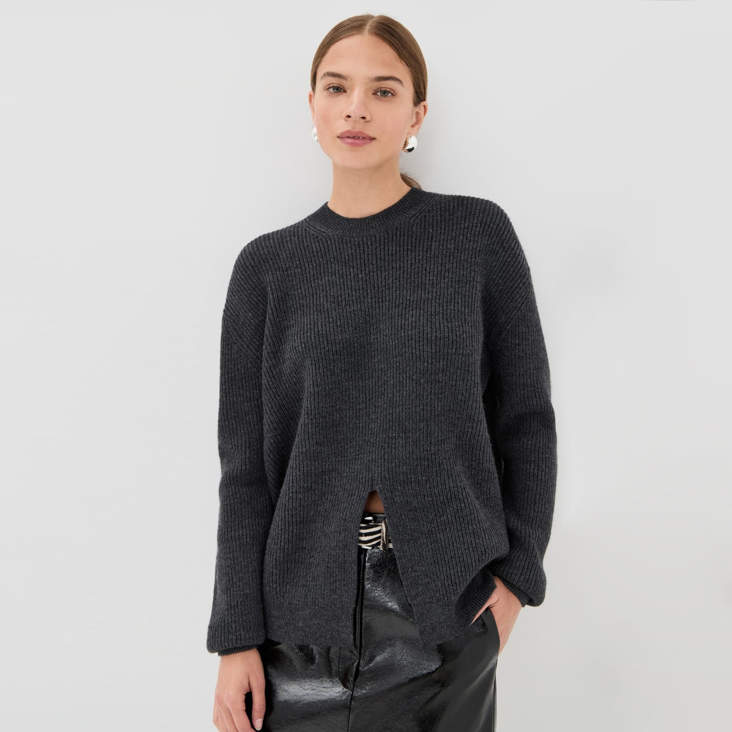 Tibi "cardigan stitch split front crewneck easy pullover" in Charcoal Grey, size Small