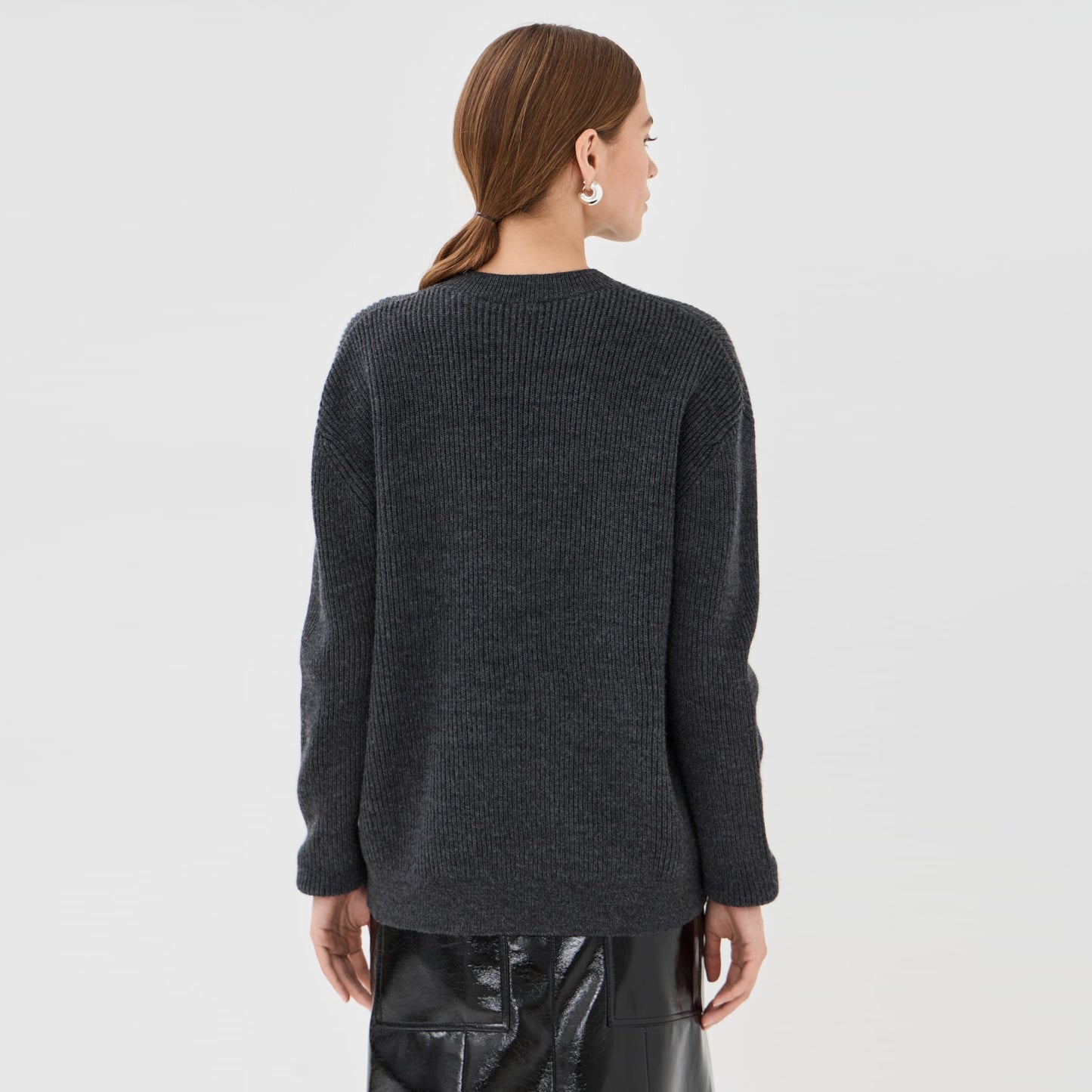 Tibi "cardigan stitch split front crewneck easy pullover" in Charcoal Grey, size Small