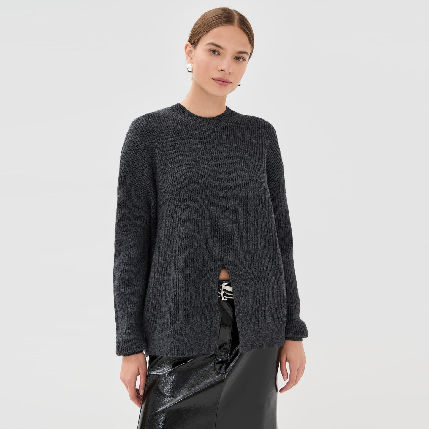 Tibi "cardigan stitch split front crewneck easy pullover" in Charcoal Grey, size Small