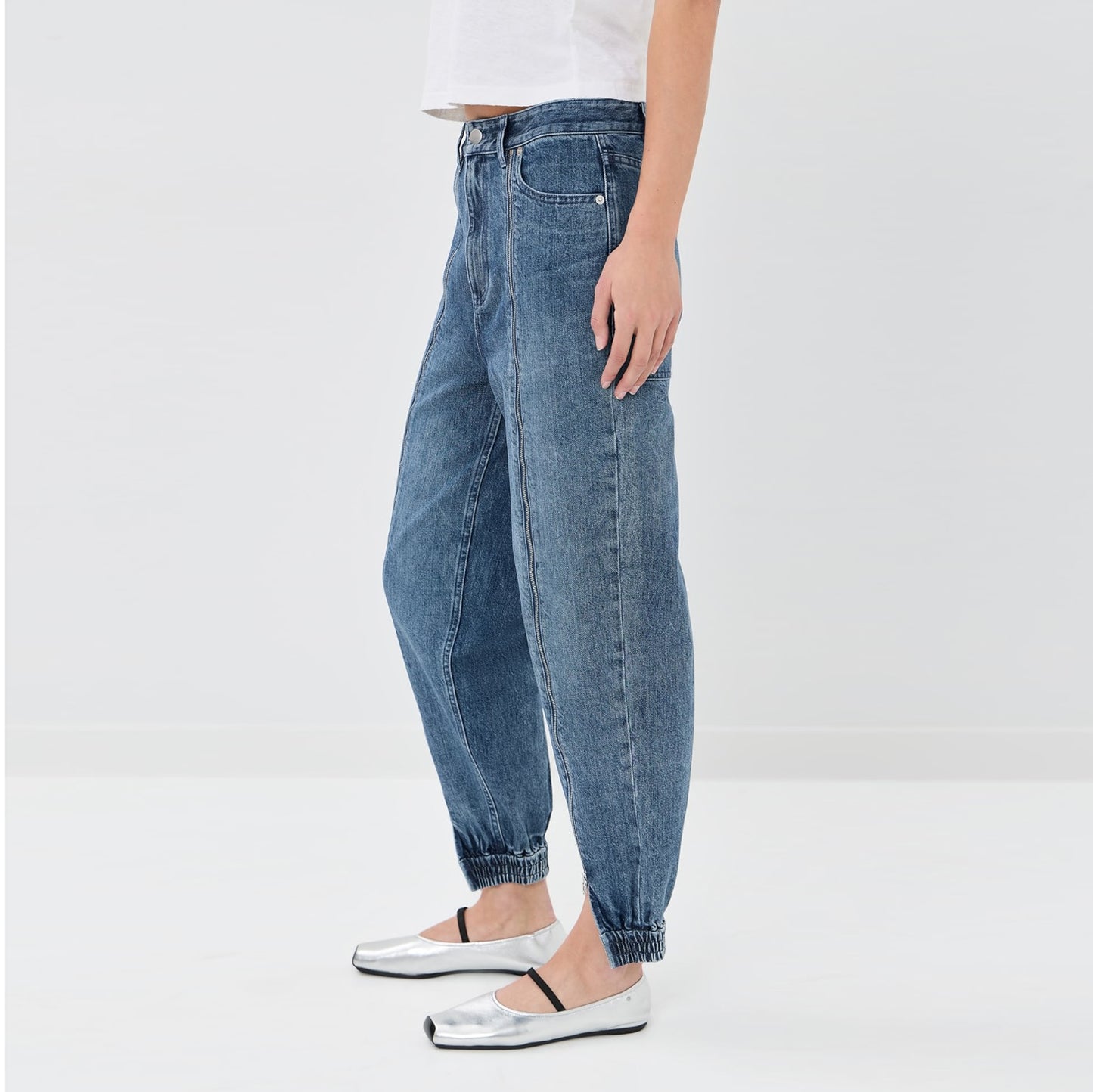 Tibi Zippered Denim Jogger in Classic Blue, size 28