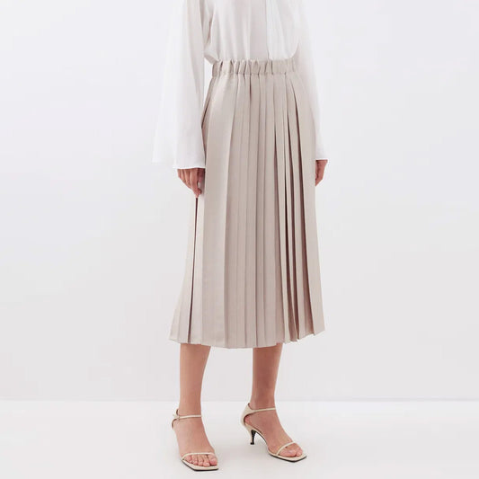 Tibi Feather Weight Pleated Twill Pull On Skirt in Light Tan, size XL