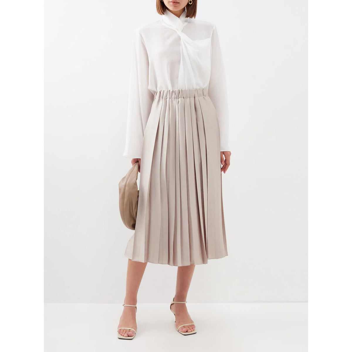 Tibi Feather Weight Pleated Twill Pull On Skirt in Light Tan, size XL