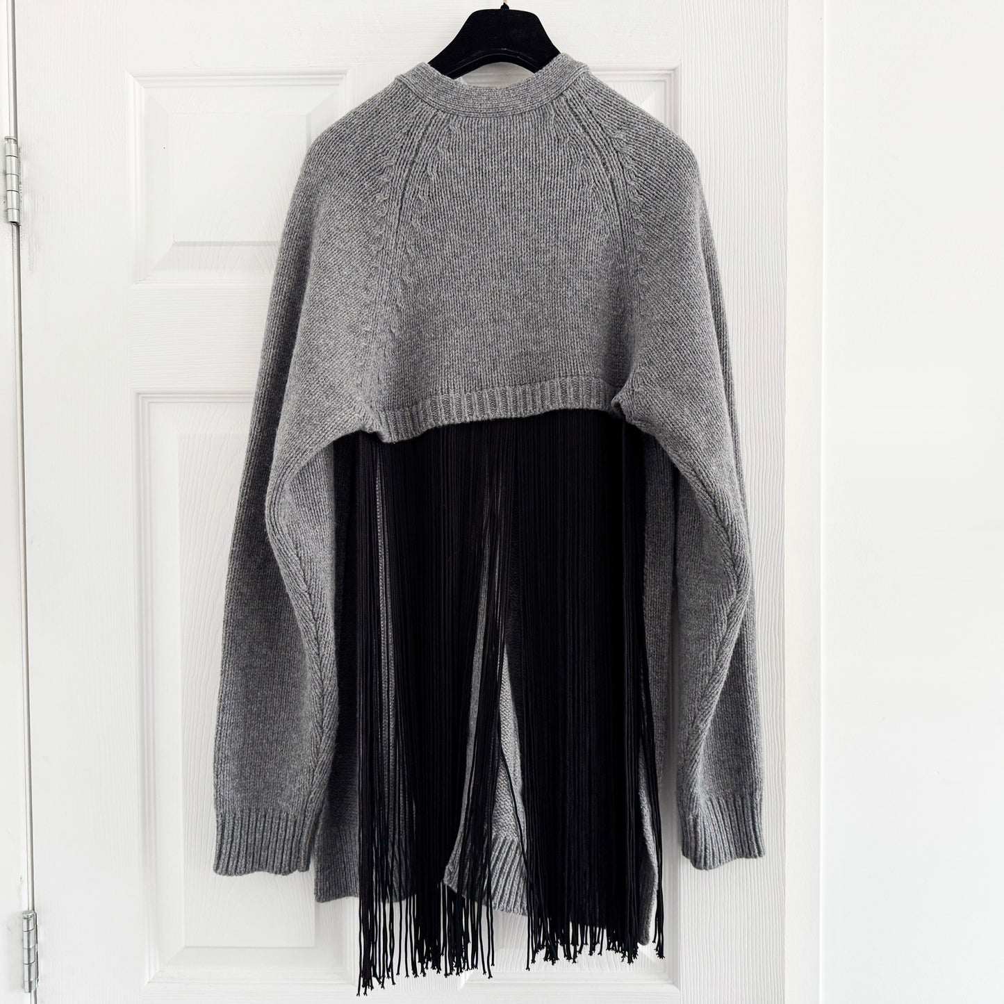 Tibi Soft Sweater Fringed Half Cardigan in Grey/Black, size S/M