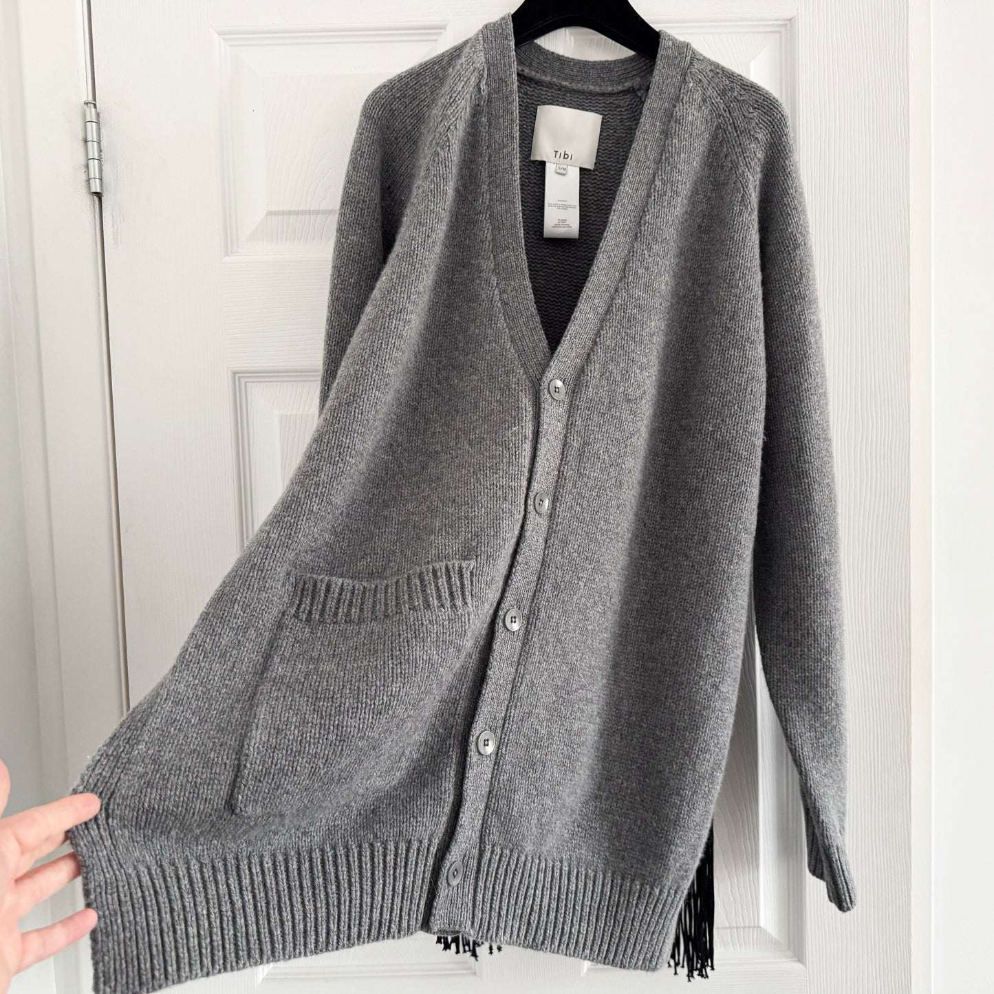 Tibi Soft Sweater Fringed Half Cardigan in Grey/Black, size S/M