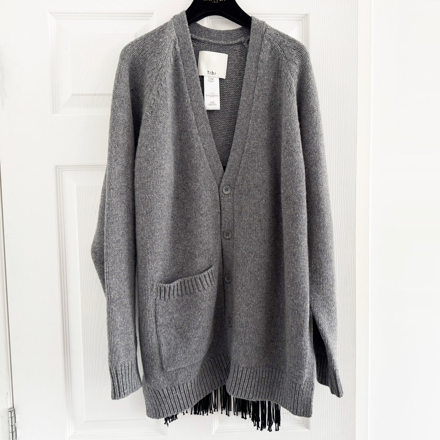 Tibi Soft Sweater Fringed Half Cardigan in Grey/Black, size S/M