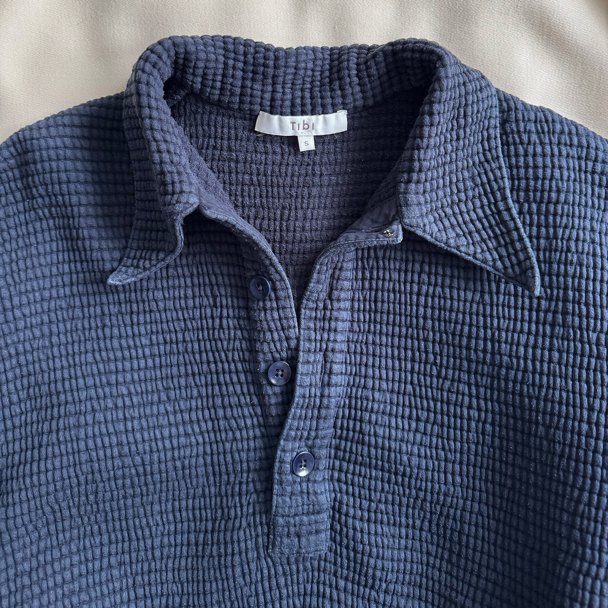 Tibi Quilted Waffle Polo Tunic Top in Navy, size Small