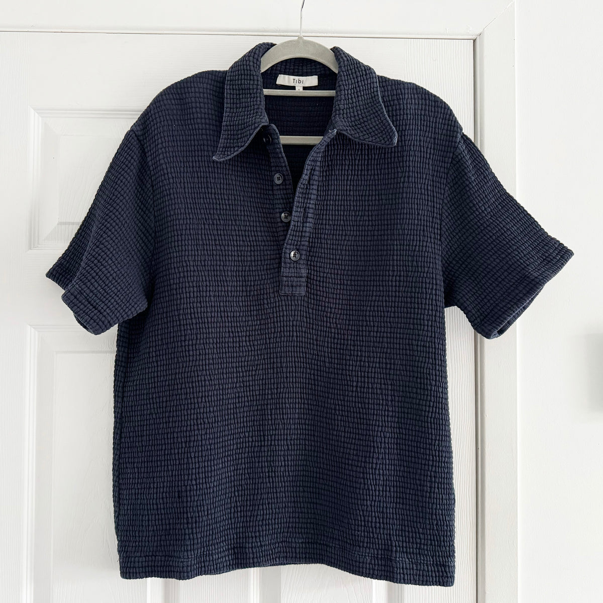 Tibi Quilted Waffle Polo Tunic Top in Navy, size Small