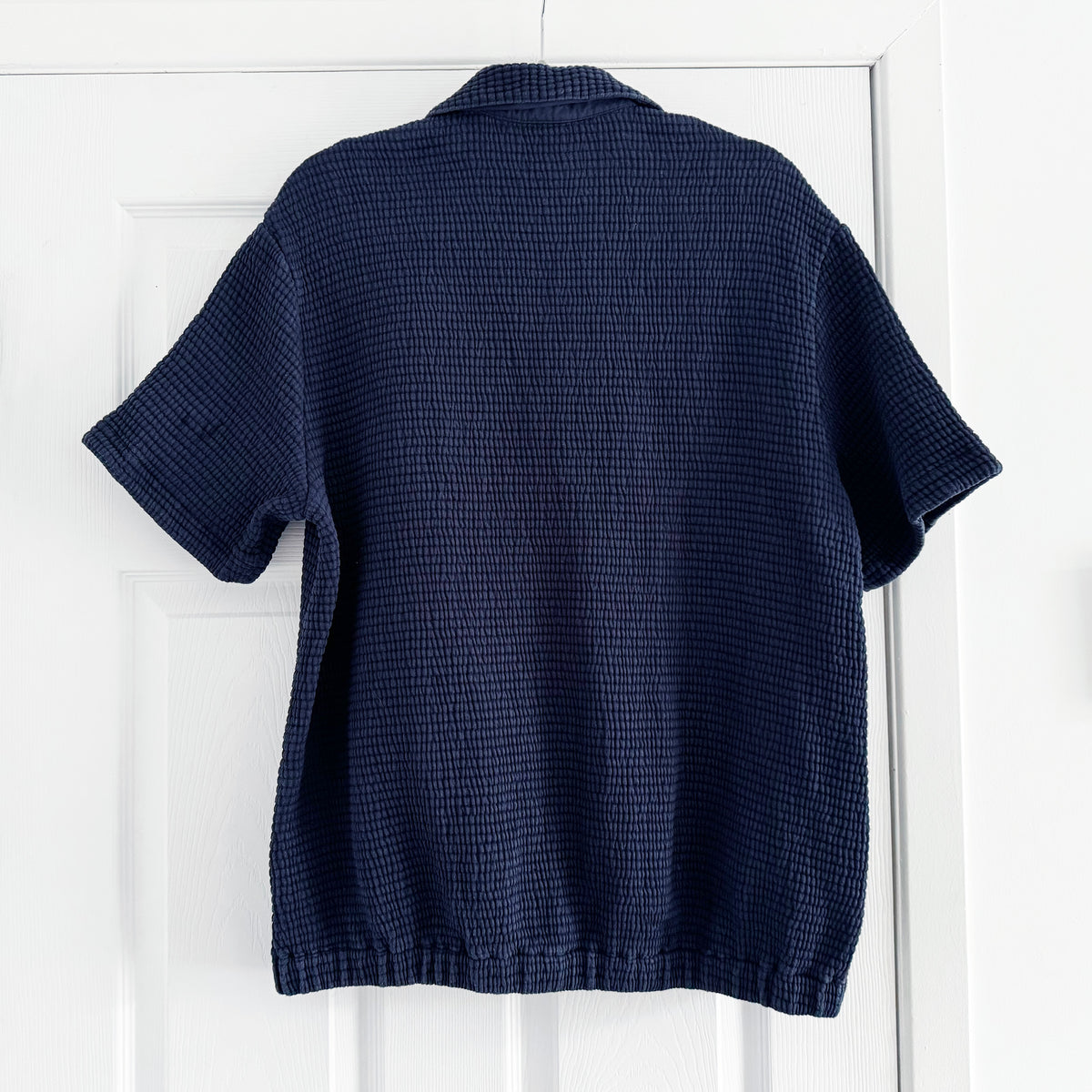 Tibi Quilted Waffle Polo Tunic Top in Navy, size Small