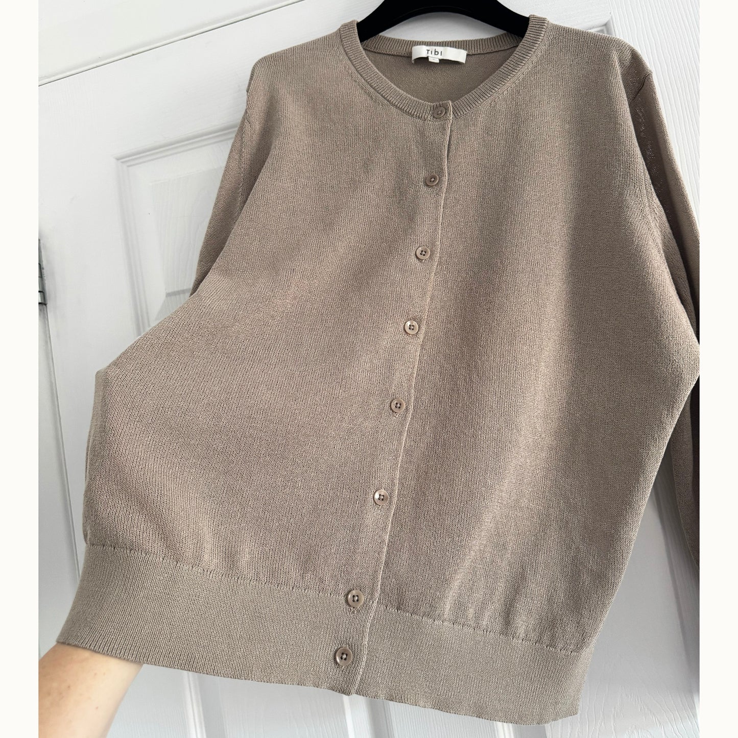 Tibi "Crispy Sweater" Shrunken Cardigan in "Dark Stone", size Large (fits Medium)