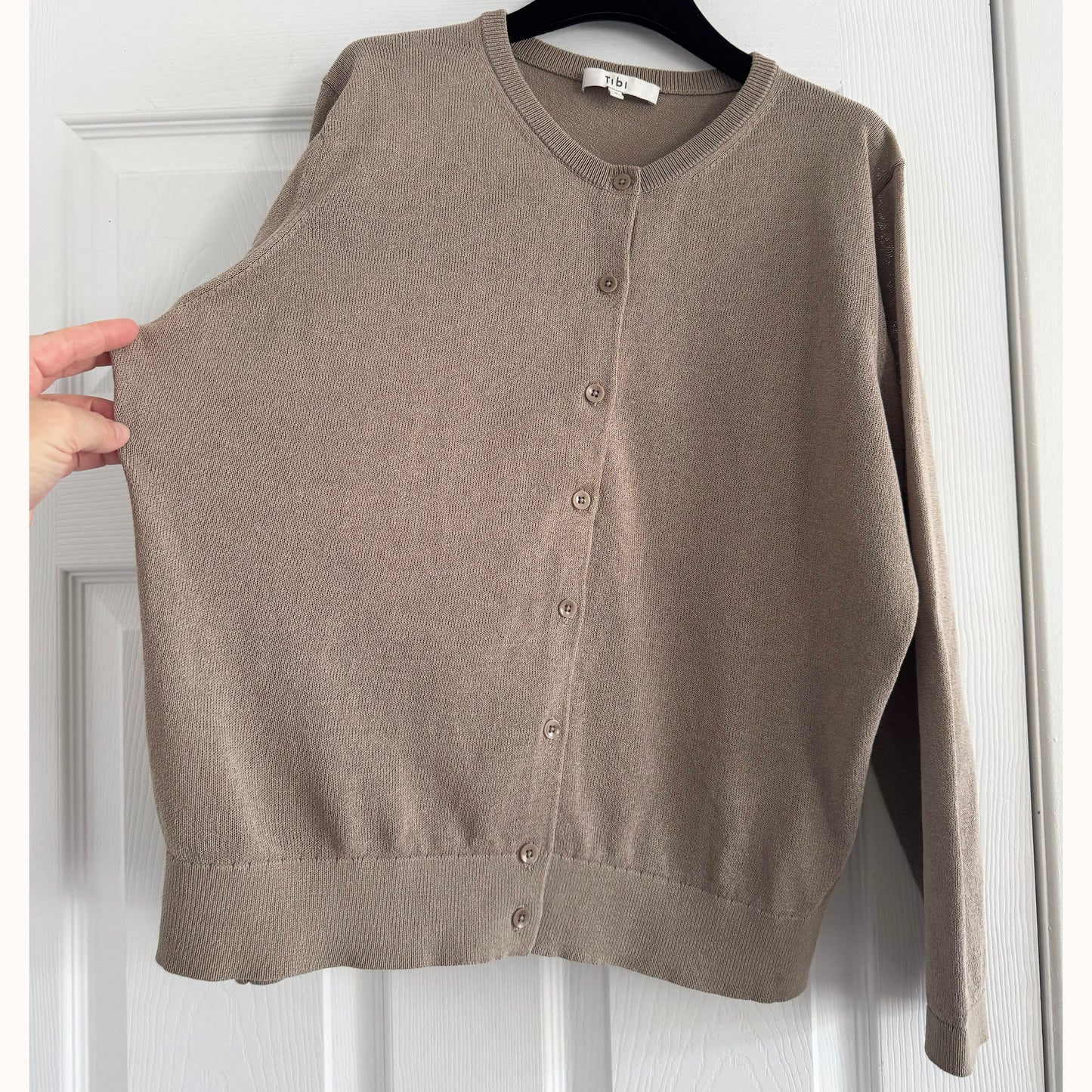 Tibi "Crispy Sweater" Shrunken Cardigan in "Dark Stone", size Large (fits Medium)