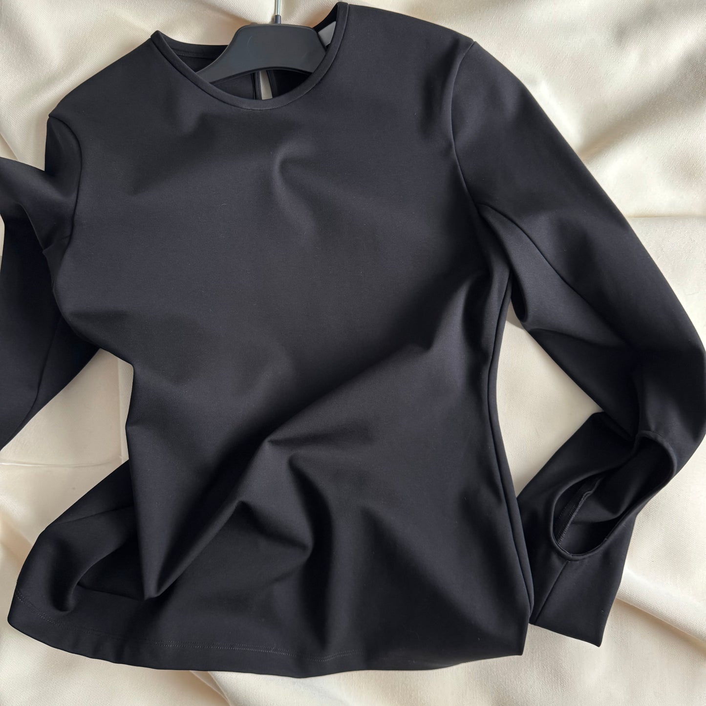 Tibi Compact Ultra Stretch Half Moon Cutout Sleeve Top in Black, size 8