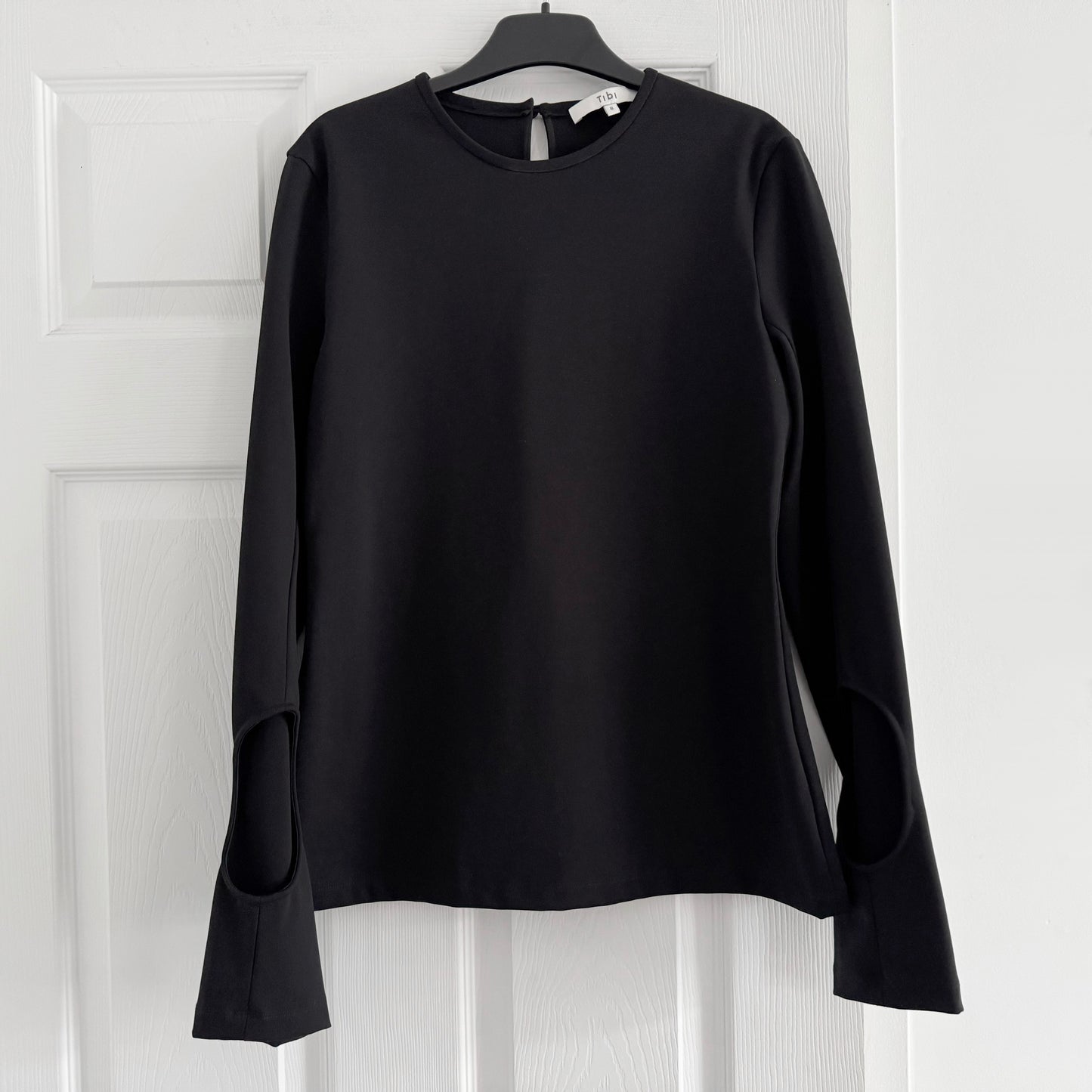 Tibi Compact Ultra Stretch Half Moon Cutout Sleeve Top in Black, size 8