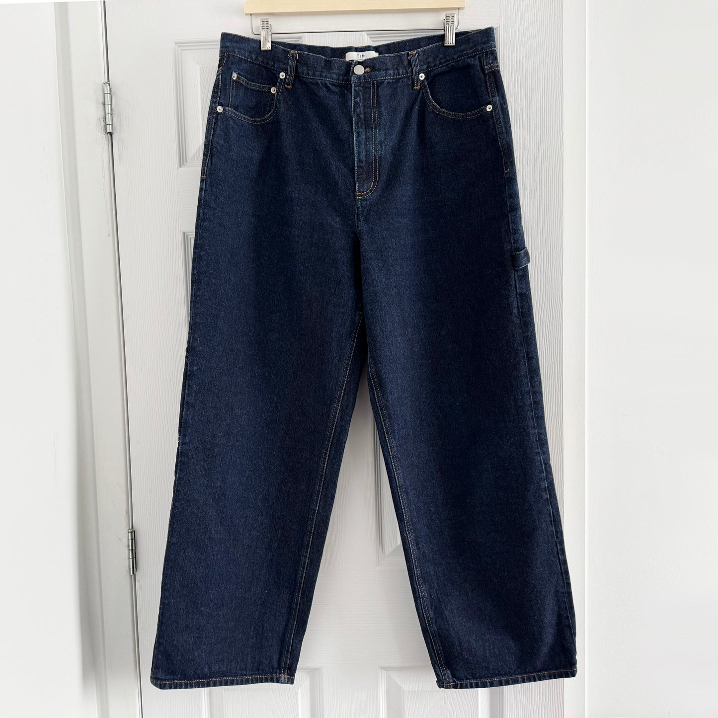 Tibi Indigo Denim Slouchy Carpenter Jean in Dark Denim, size 32