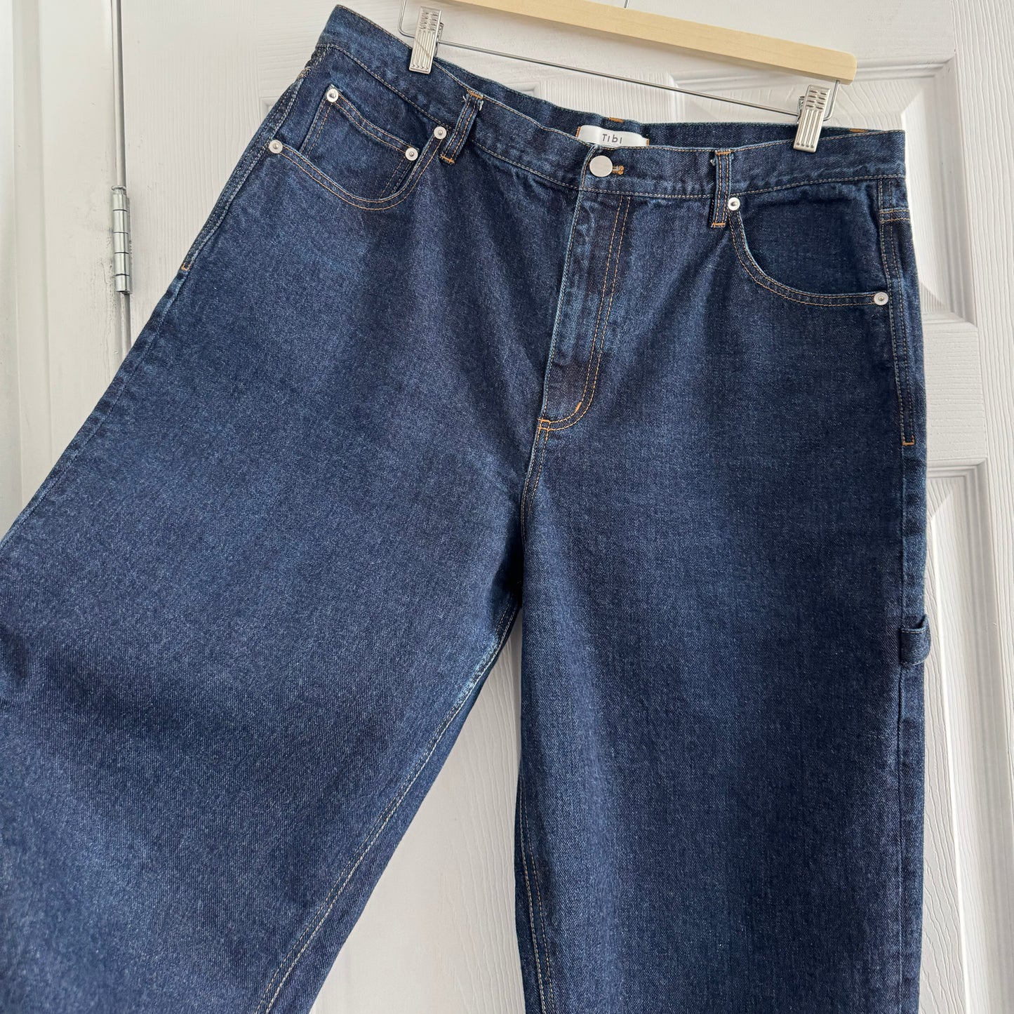 Tibi Indigo Denim Slouchy Carpenter Jean in Dark Denim, size 32