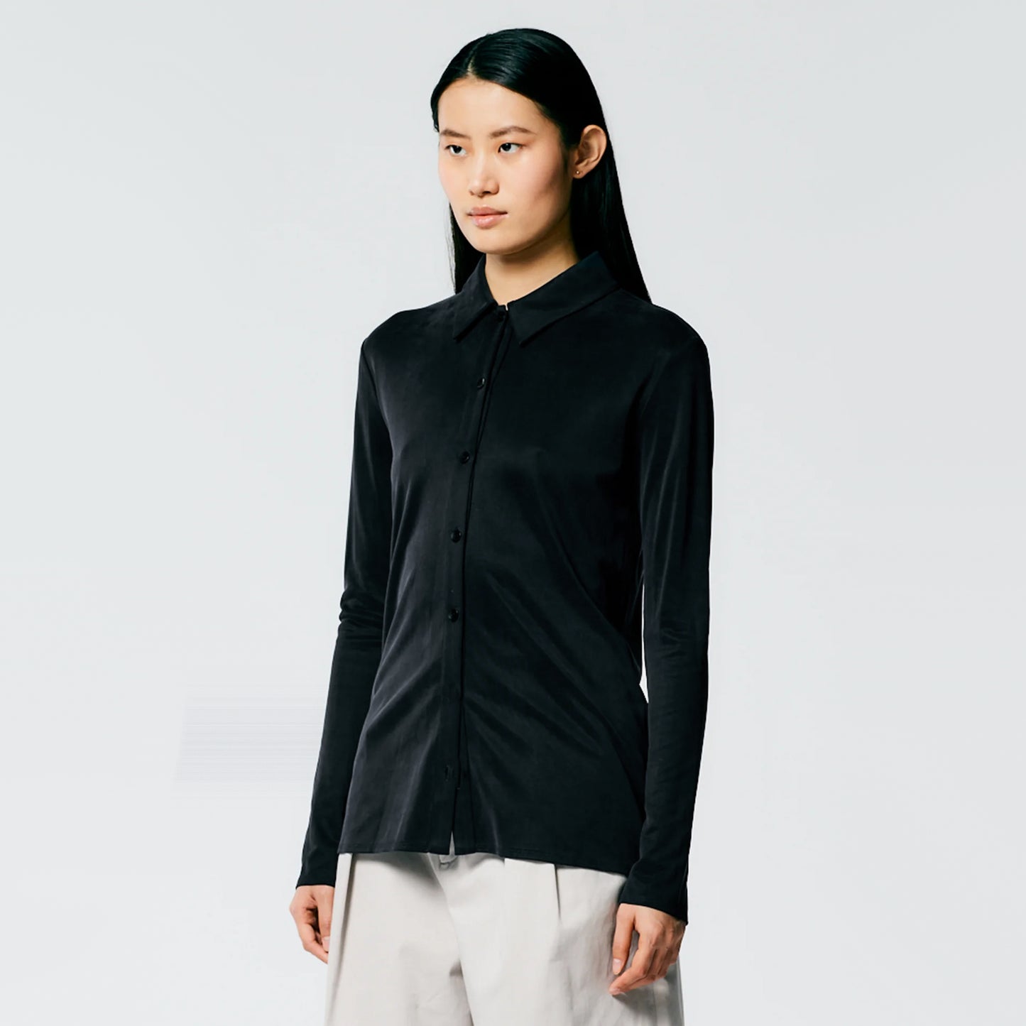 Tibi Deeba Cupro Slim Shirt in Black, size 8
