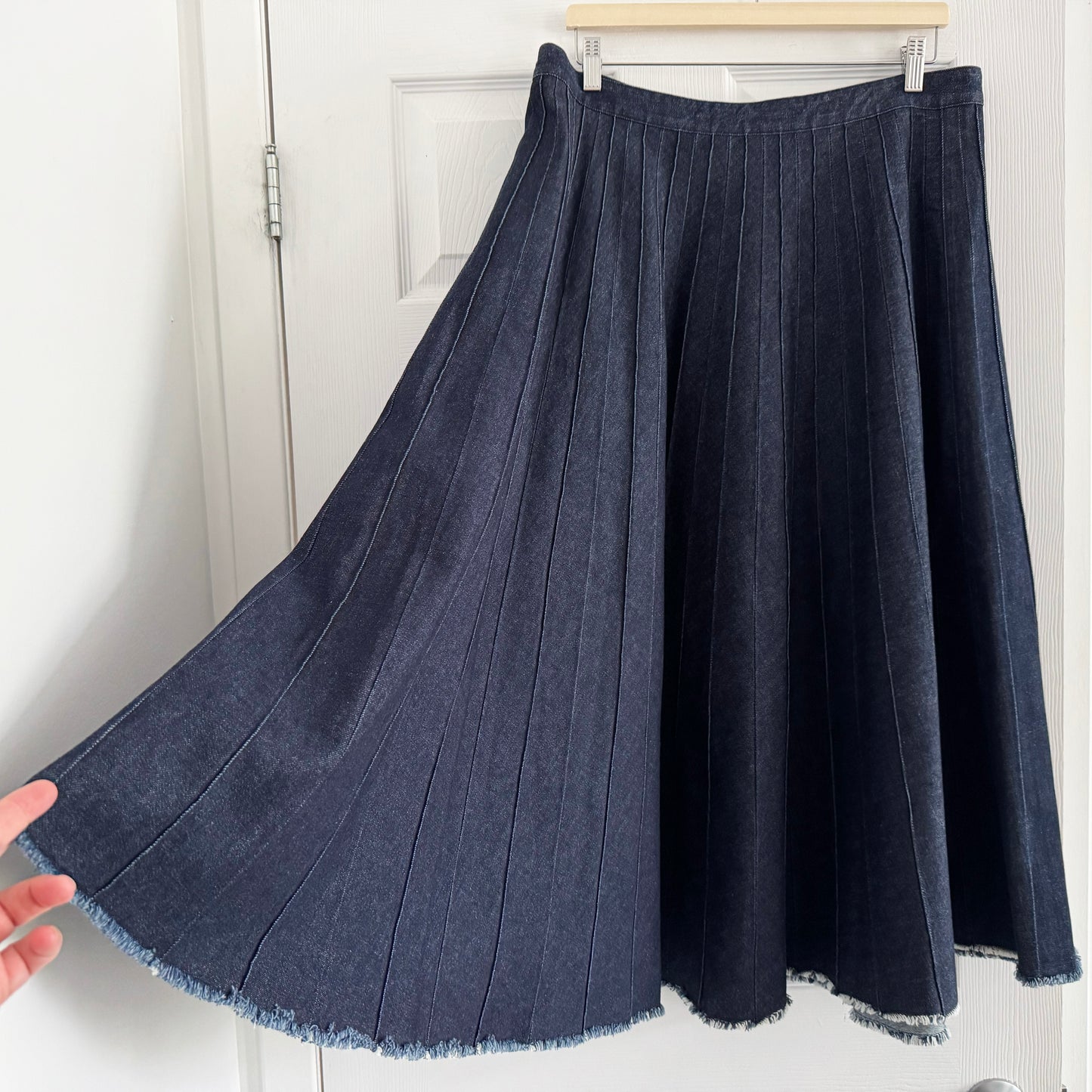 Tibi Brushed Denim Pintucked Skirt in Indigo, size 14