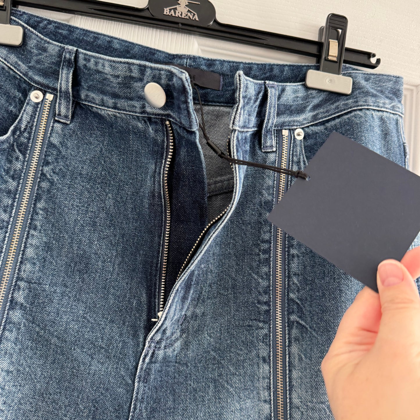 Tibi Zippered Denim Jogger in Classic Blue, size 28