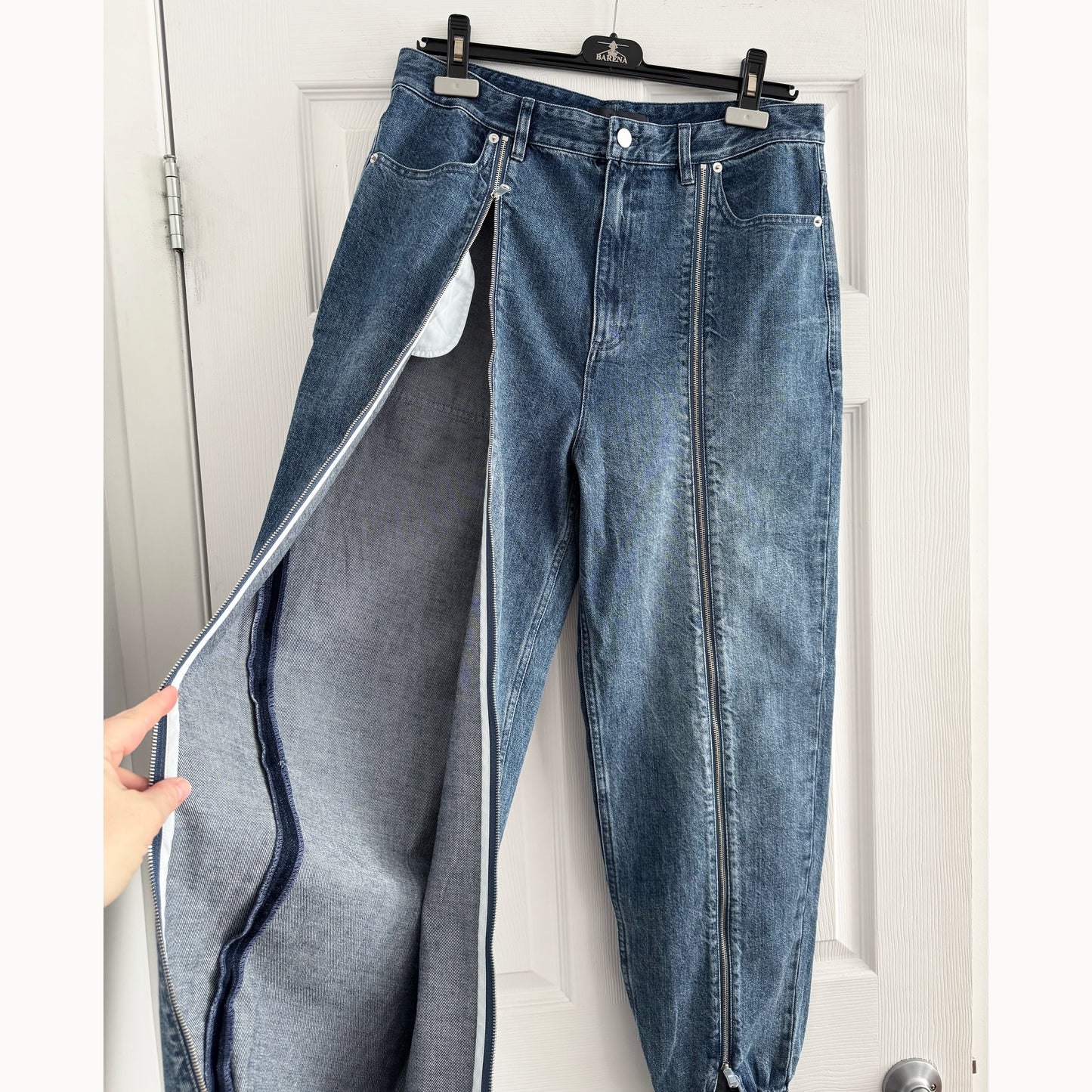 Tibi Zippered Denim Jogger in Classic Blue, size 28