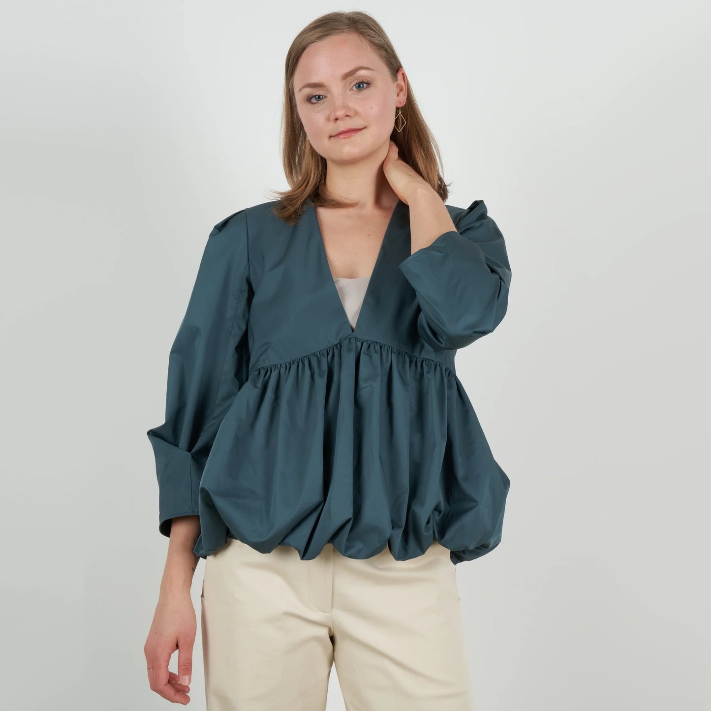 Tibi Eco Poplin Deep V Sculpted Top in "Phthlao Green", size 2