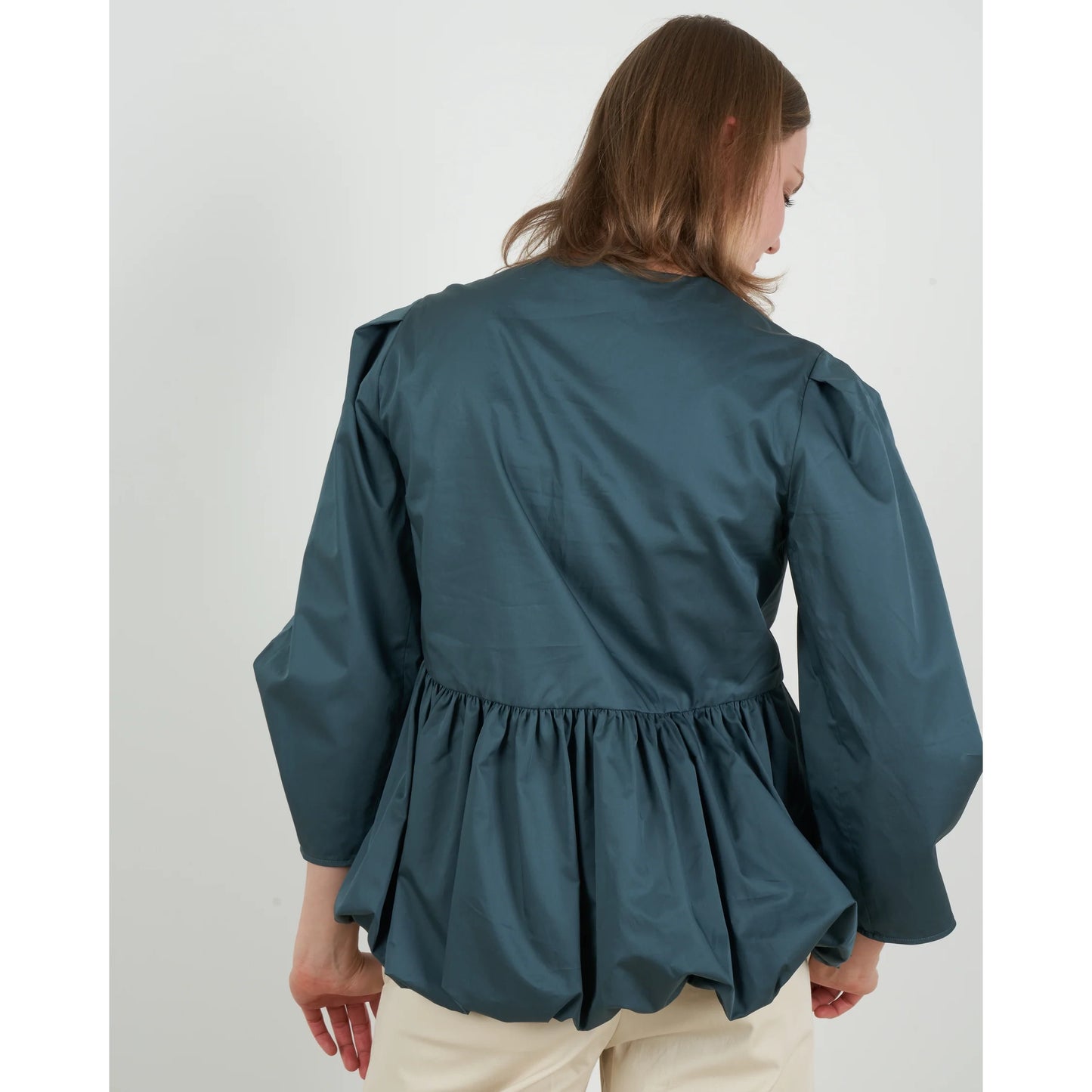 Tibi Eco Poplin Deep V Sculpted Top in "Phthlao Green", size 2