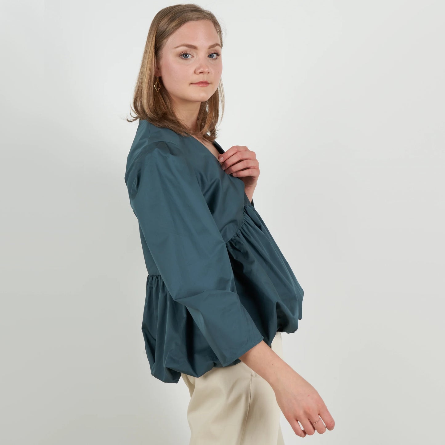 Tibi Eco Poplin Deep V Sculpted Top in "Phthlao Green", size 2