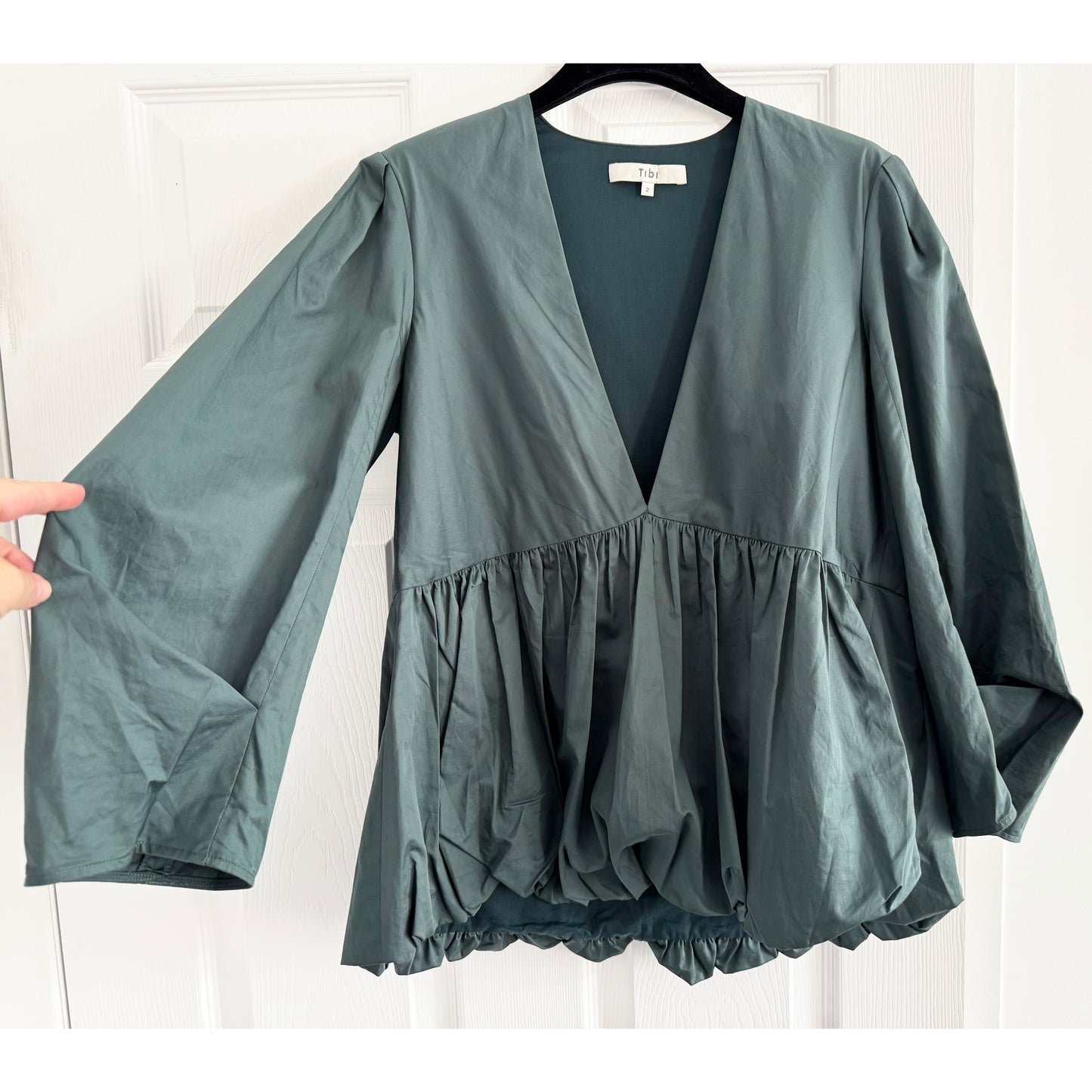 Tibi Eco Poplin Deep V Sculpted Top in "Phthlao Green", size 2