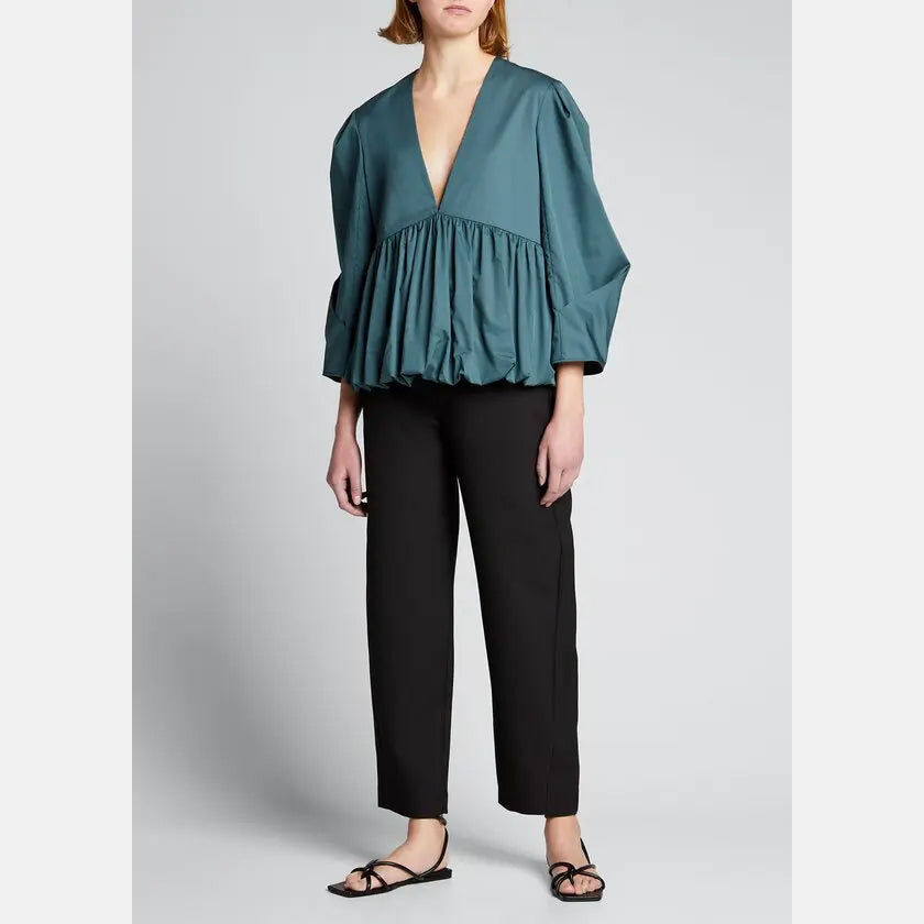 Tibi Eco Poplin Deep V Sculpted Top in "Phthlao Green", size 2