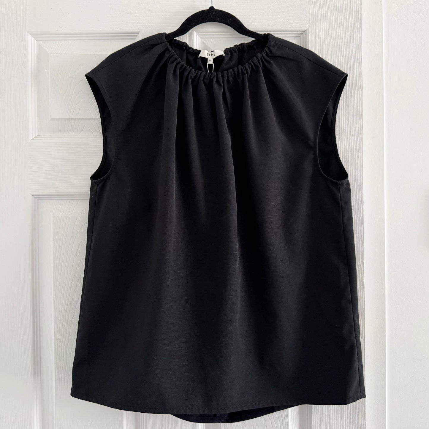 Tibi Nylon Shirred Neck Top in Black, size Medium