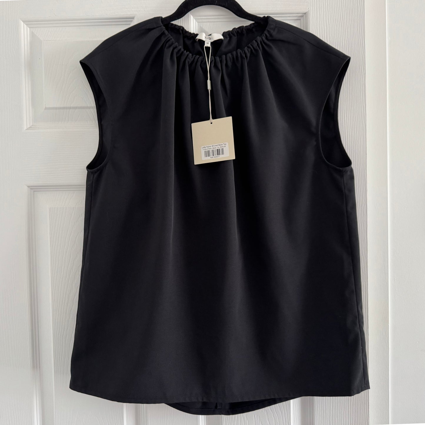 Tibi Nylon Shirred Neck Top in Black, size Medium
