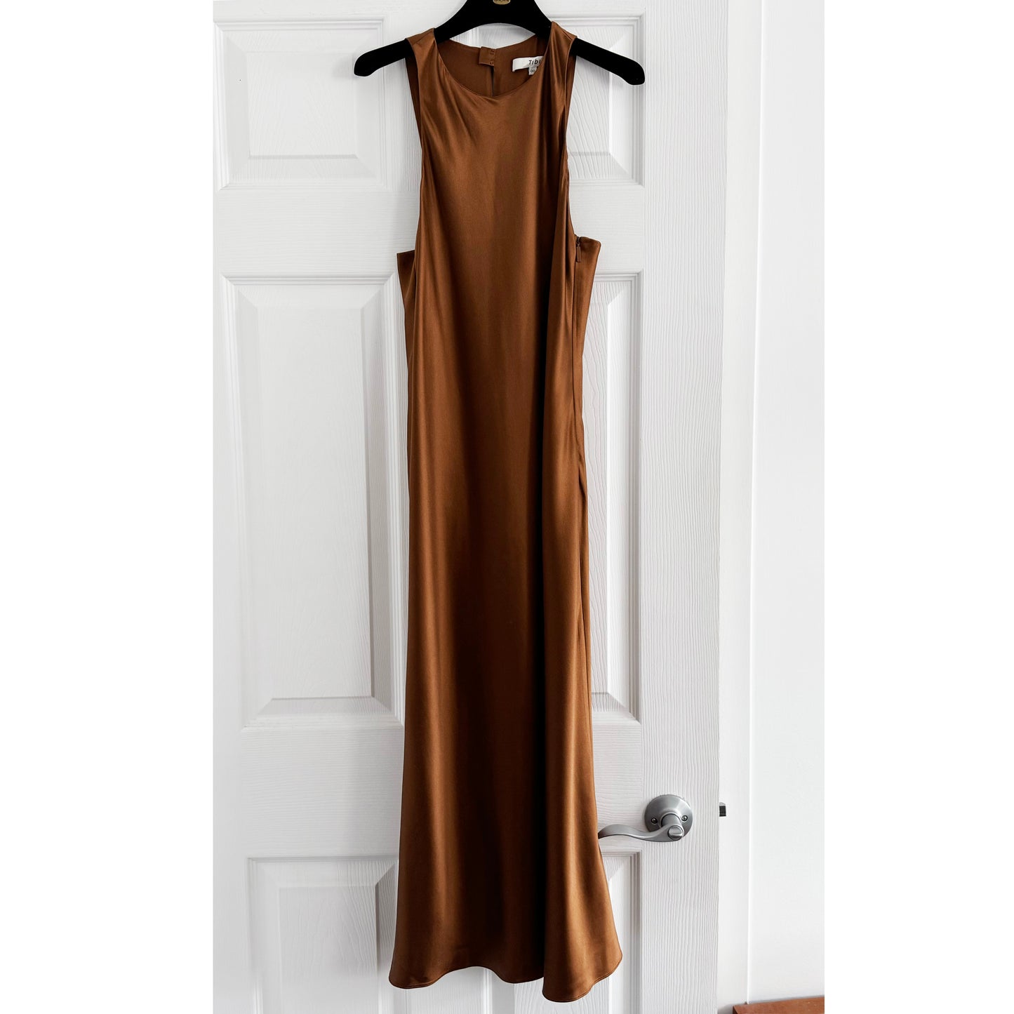Tibi Heavy Satin Midi Bias Dress in Bronze, size 00