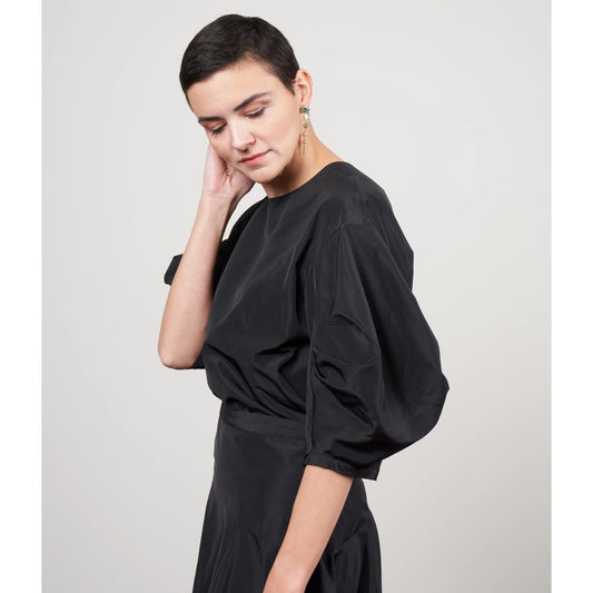Tibi Sporty Nylon Pleated Sleeve Top in Black, size 10