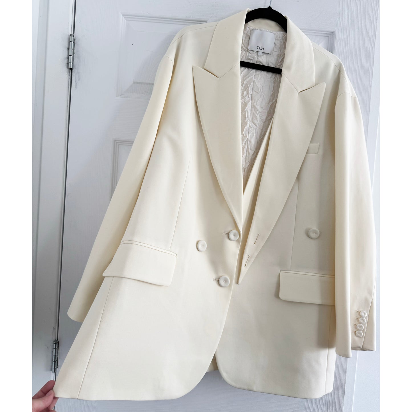 Tibi "Liam" Bond Wool Blazer w Detached Lapel in Ivory, size large