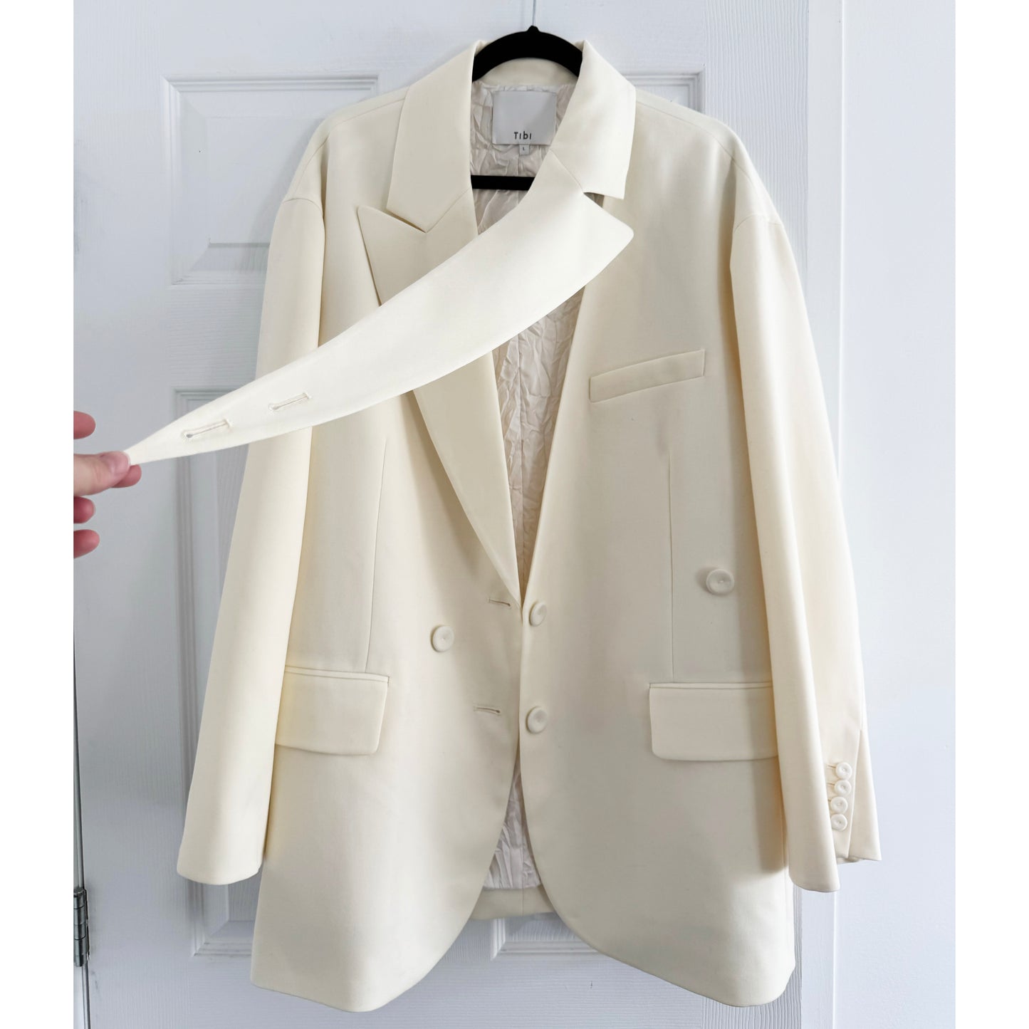 Tibi "Liam" Bond Wool Blazer w Detached Lapel in Ivory, size large
