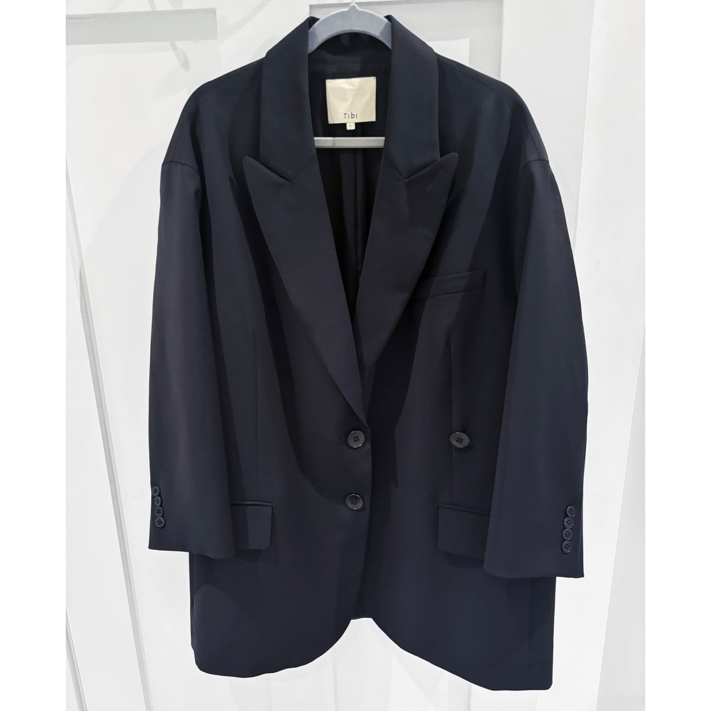 Tibi Tropical Wool "Liam" Blazer in Dark Navy, size Large ** sleeves hemmed **