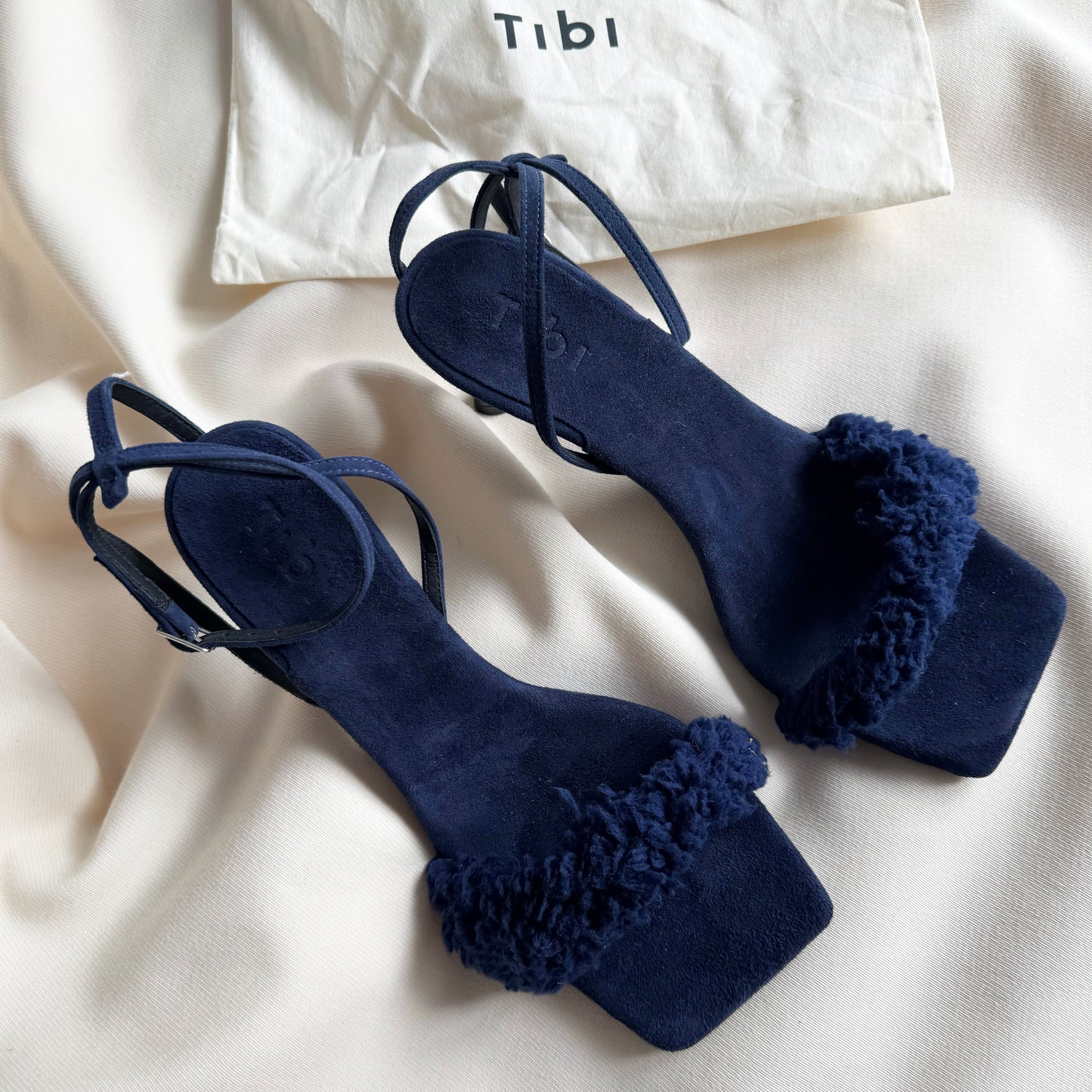 Tibi "Hugh" Suede & Faux Shearling Sandal in Navy, size 42