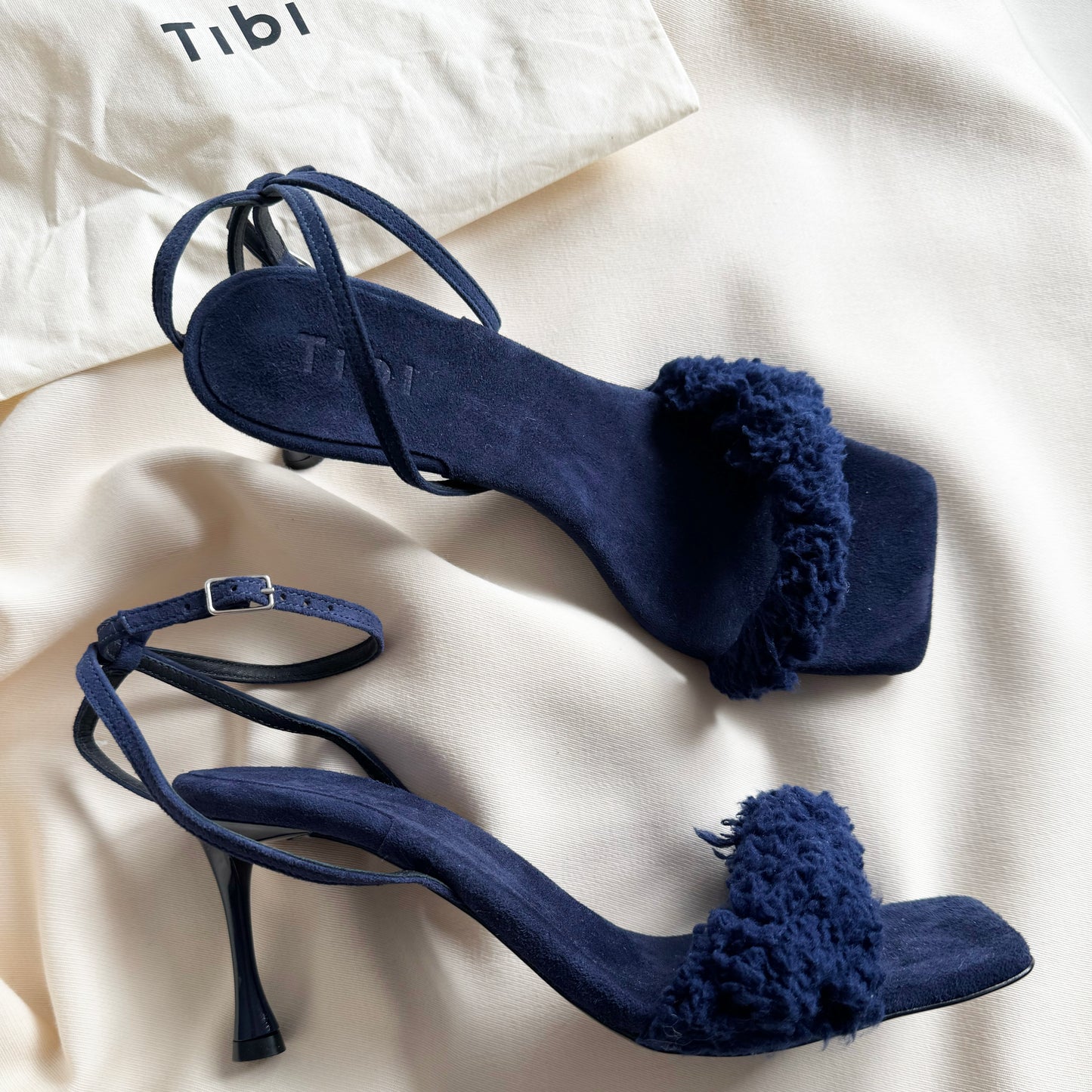 Tibi "Hugh" Suede & Faux Shearling Sandal in Navy, size 42