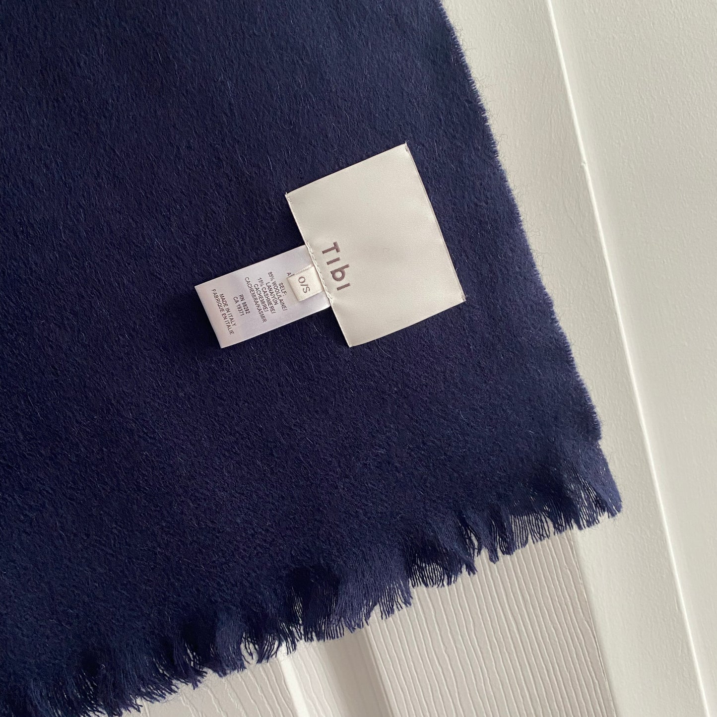 Tibi Wool Cashmere Fringe Scarf in Navy Blue