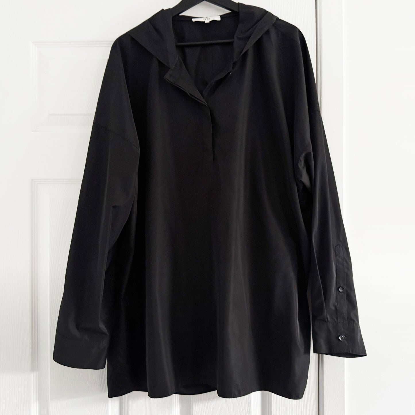 Tibi Italian Sporty Nylon Hoodie With Cocoon Back in Black, Size XL