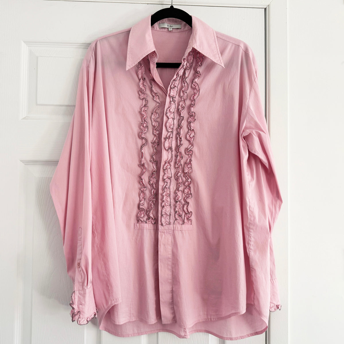 Tibi Lightweight Cotton/Nylon Easy Tuxedo Shirt in Pink, size Small